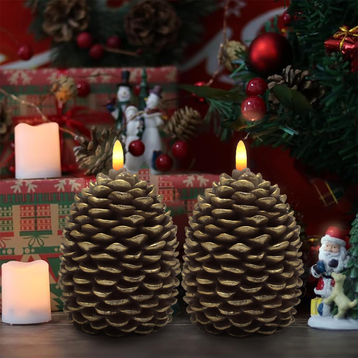 CVHOMEDECO. Pine Cone Candles Battery Operated Pinecones with Remote and Timer, Pine Cones Candle LED Flameless Flickering Candles for Fall, Christmas Decor. Golden-Brown, H 5.5 Inch, Pack of 2