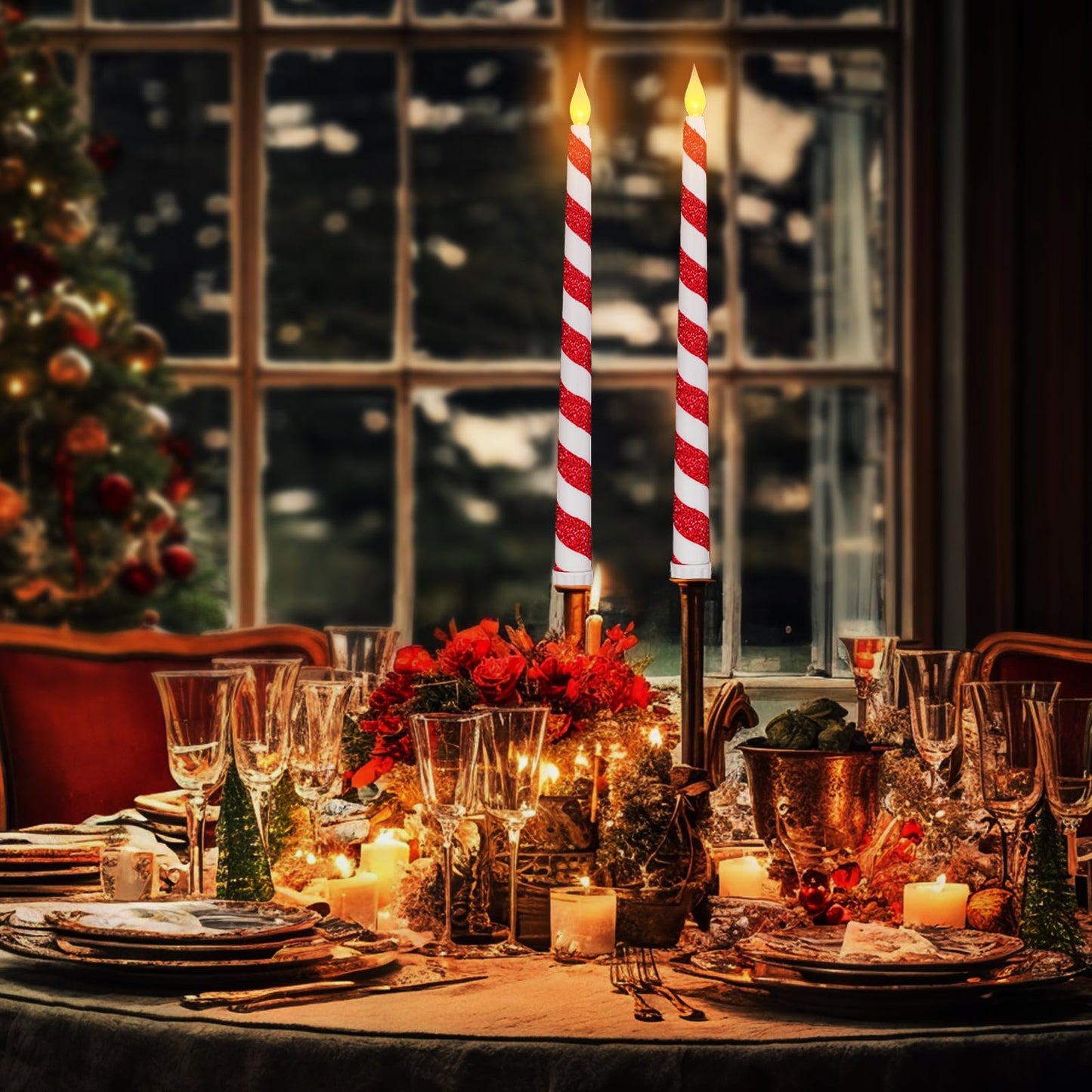 LCZLUMIPRO 6PCS Christmas Flameless Taper Candles - Candy Cane Red and White Stripes Flickering Battery Operated LED Candles for Xmas Centerpiece Holiday Party, Wedding, Winter Home Decoration