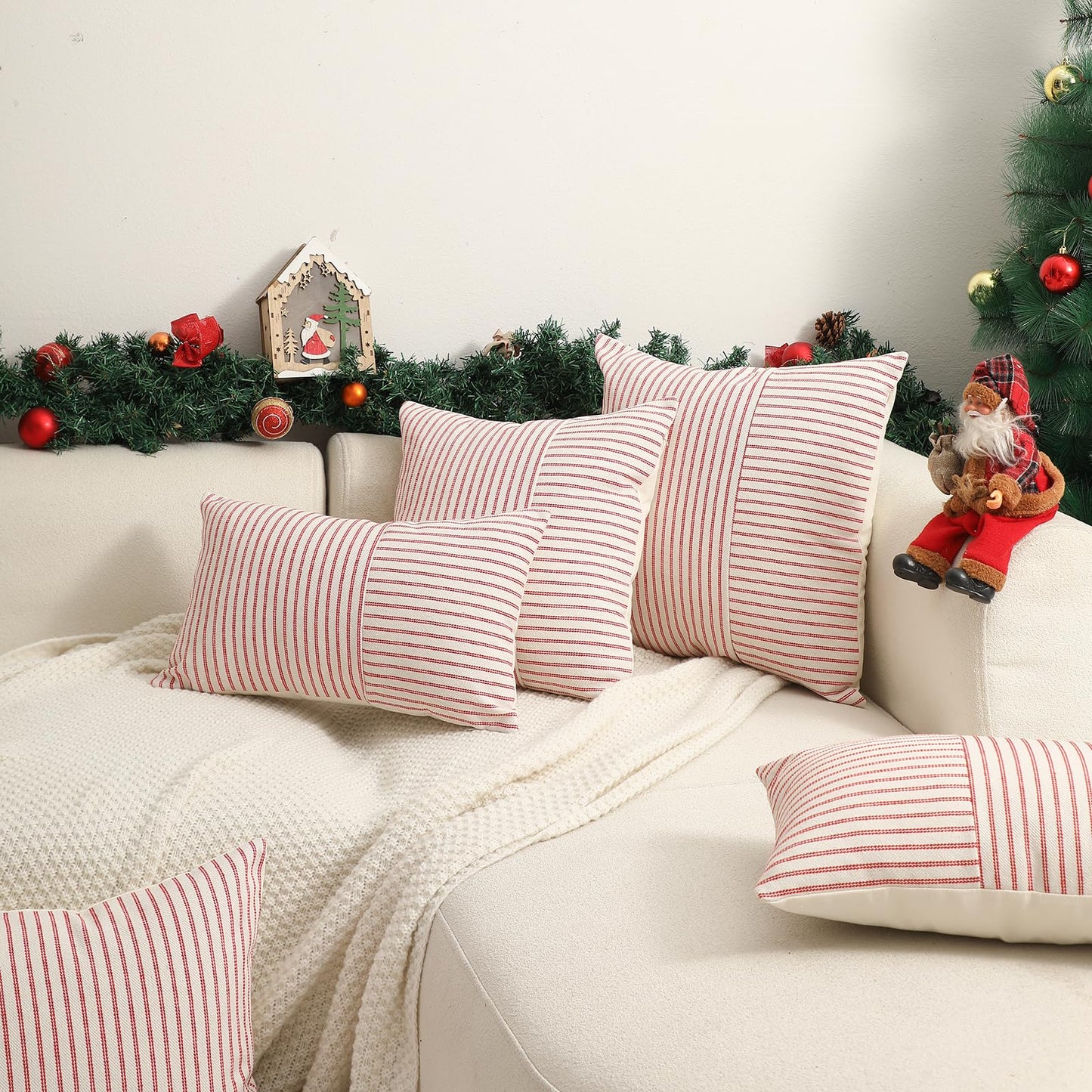 Hckot Christmas Pillow Covers 18x18, Red Throw Pillow Covers Set of 2, Striped Linen Decorative Pillows Cushion Covers for Couch Chair Beding Xmas Winter Decorations(Red)