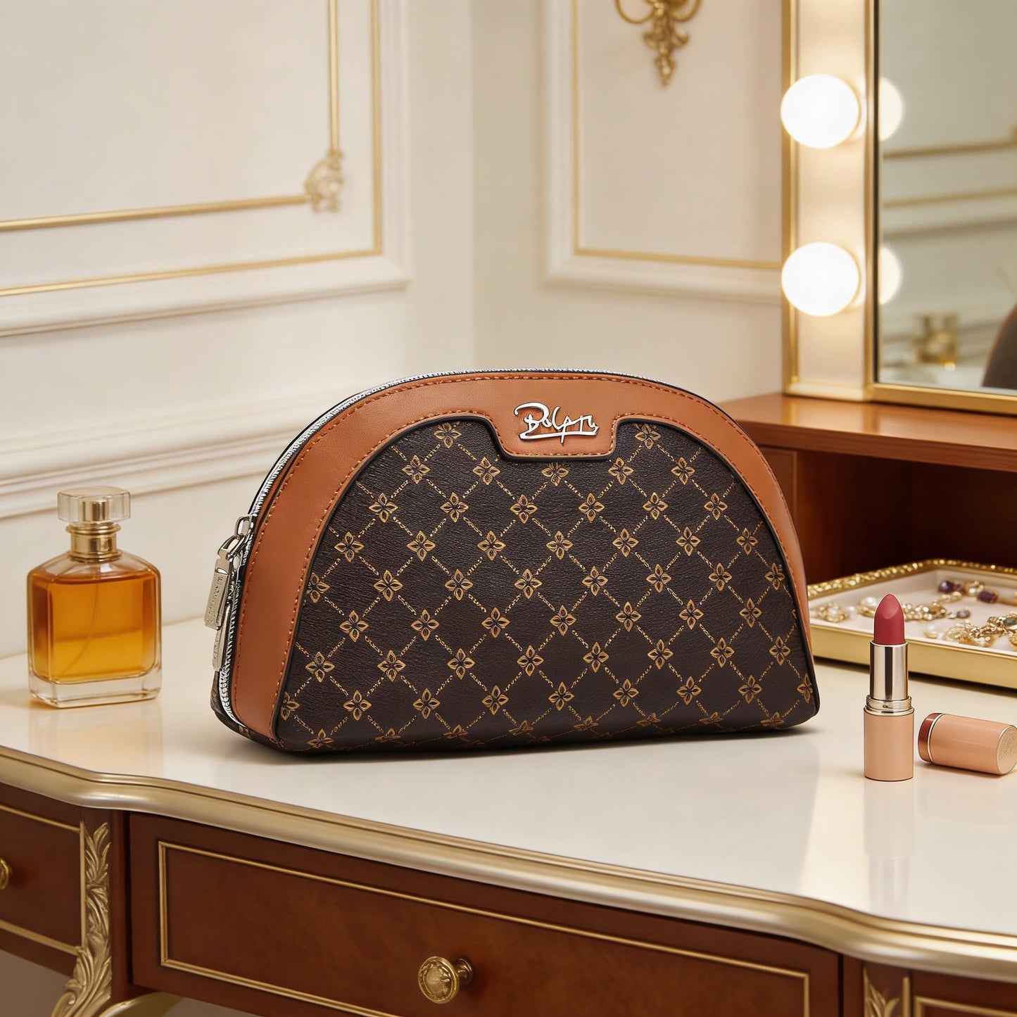 BOYATU Vegan Leather Cosmetic Bag: Refined Pattern Pouch with Built-In Tethered Pull-Out Mirror - Quick Touch-Ups Anywhere - Compact&Lightweight Easy to Carry(010-coffee)