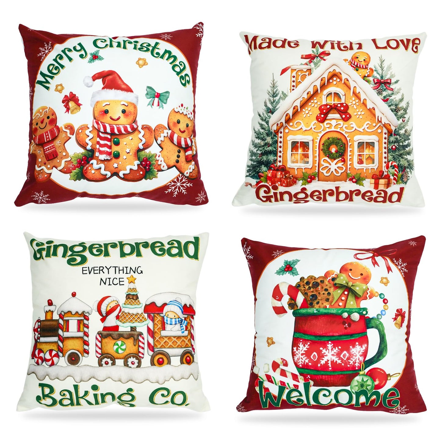 Mocsicka Christmas Gingerbread House Pillow Covers 18×18 Inch, Gingerbread Man House Bakery Throw Pillow Covers Xmas Holiday Cushion Case for Sofa Couch Bed Home Decorations Set of 4