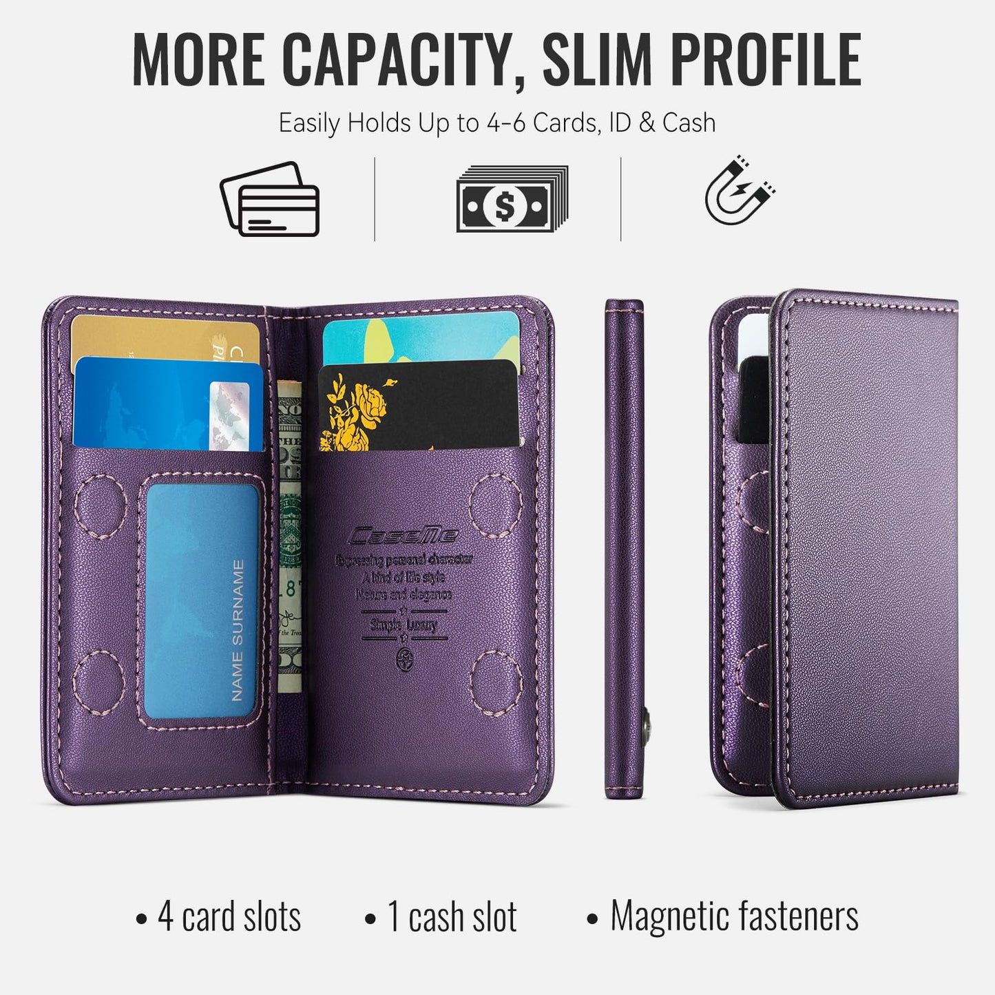 XIMAND Magnetic Wallet Card Holder with RFID Protection, PU Leather Slim Wallet, Strong Magnet Attachment for iPhone 18/17/16/15/14/13/12 Series Pro Max Plus Mini-Purple