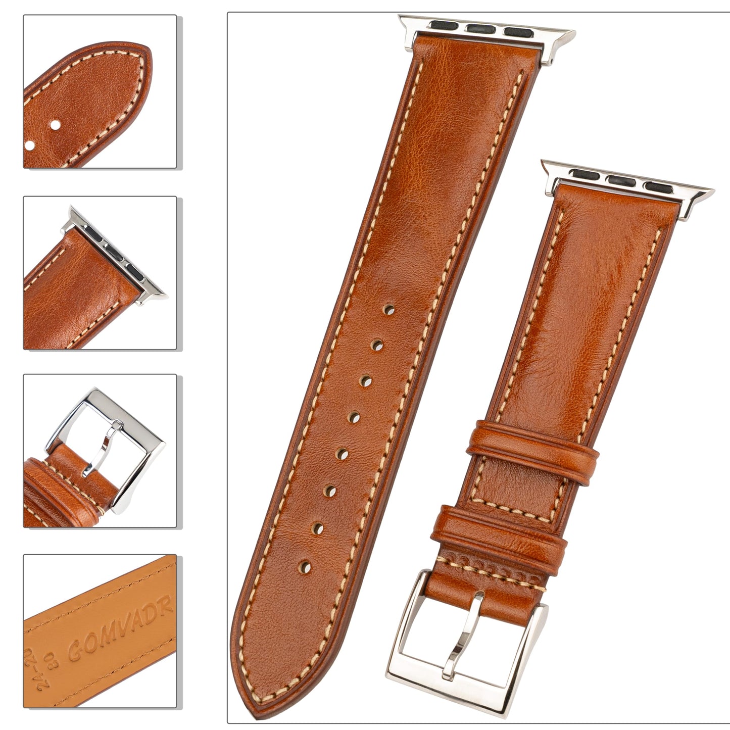 Gomvadr Leather Bands Compatible with Men's Apple Watch Band 49mm Ultra, Replacement Leather Strap for Mens iWatch Ultra 3/2/1 (Cognac/Silver, Ultra 2/1)