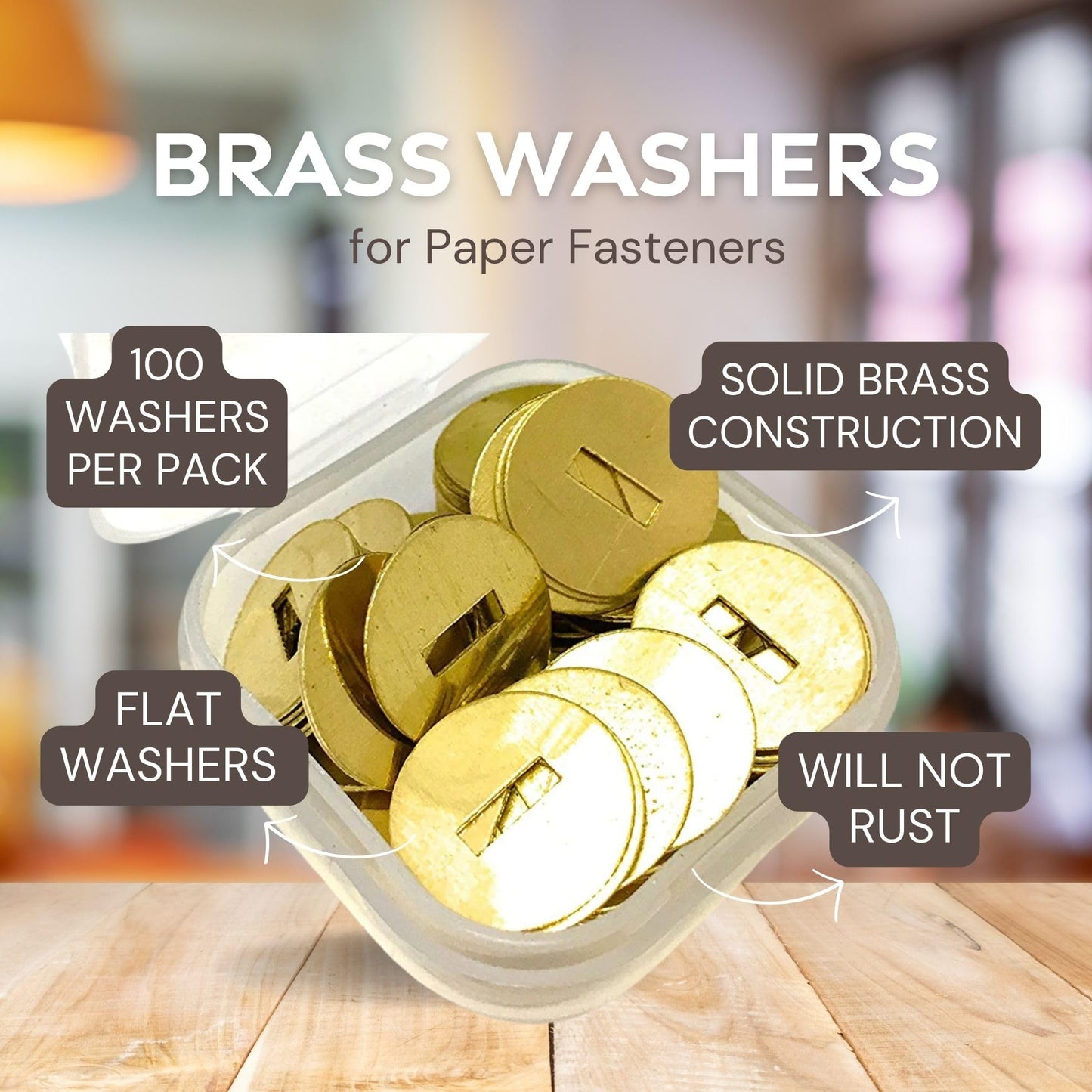 Officewerks Brass Washers for Paper Fasteners, 1/2 Inch Slotted Brass Gold-Plated Round Metal Brads for Scrapbooking, Crafts, Making DIY, and More (Gold Washers - 100 Pack)