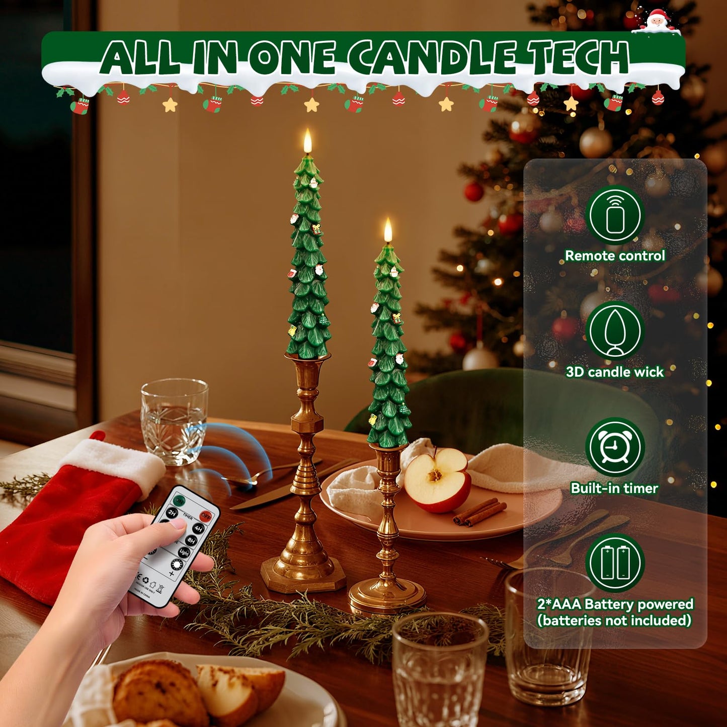 ZLCYFJIXV Flameless Christmas Tree Candles with Remote, 4 Pack 9.8” LED Battery Operated Taper Candles, Green 3D Sticker Flickering Candlesticks for Holiday Home Decoration