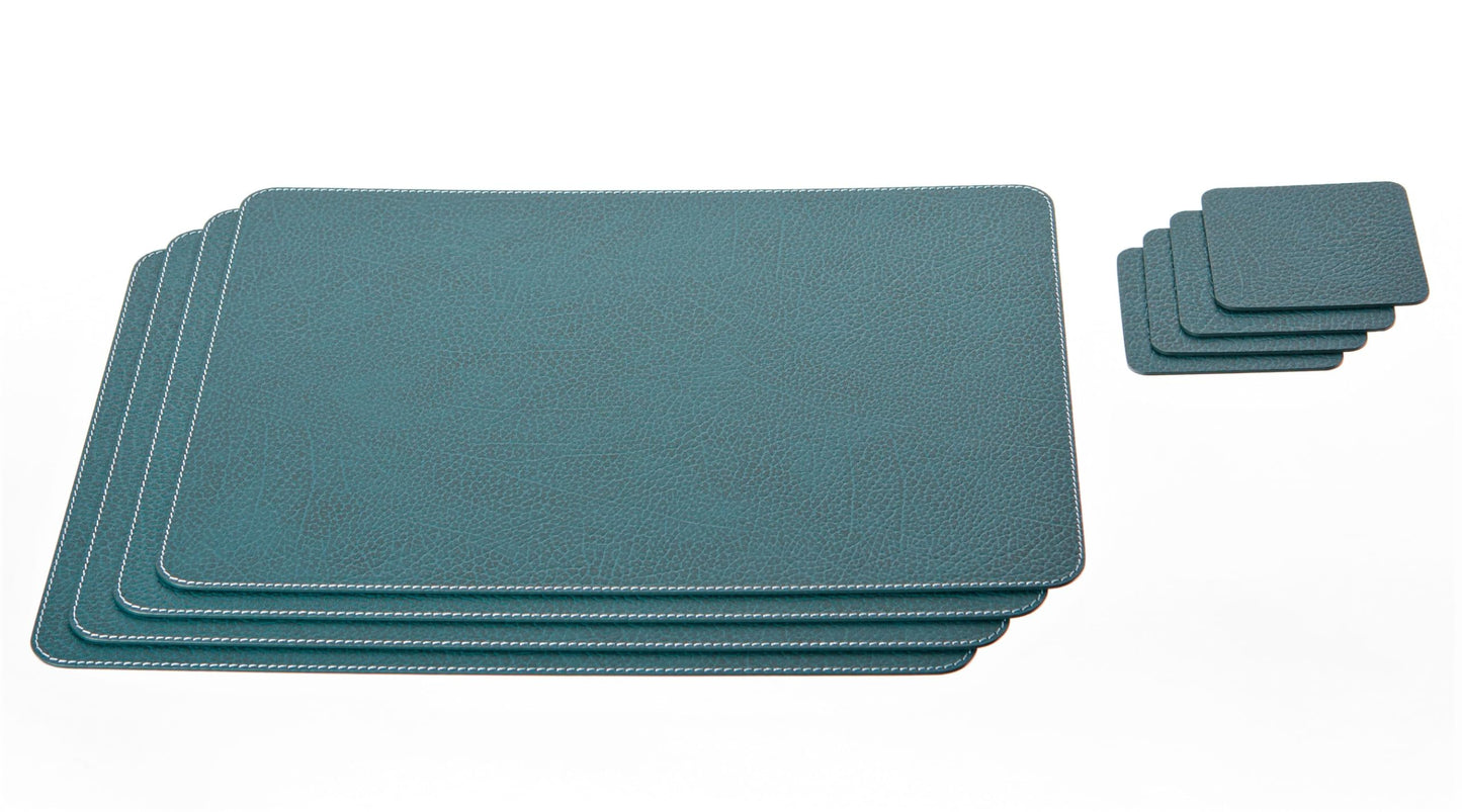 Nikalaz Set of 4 Placemats and 4 Coasters Made of Recycled Leather (18''x13'', Petroleum Green)