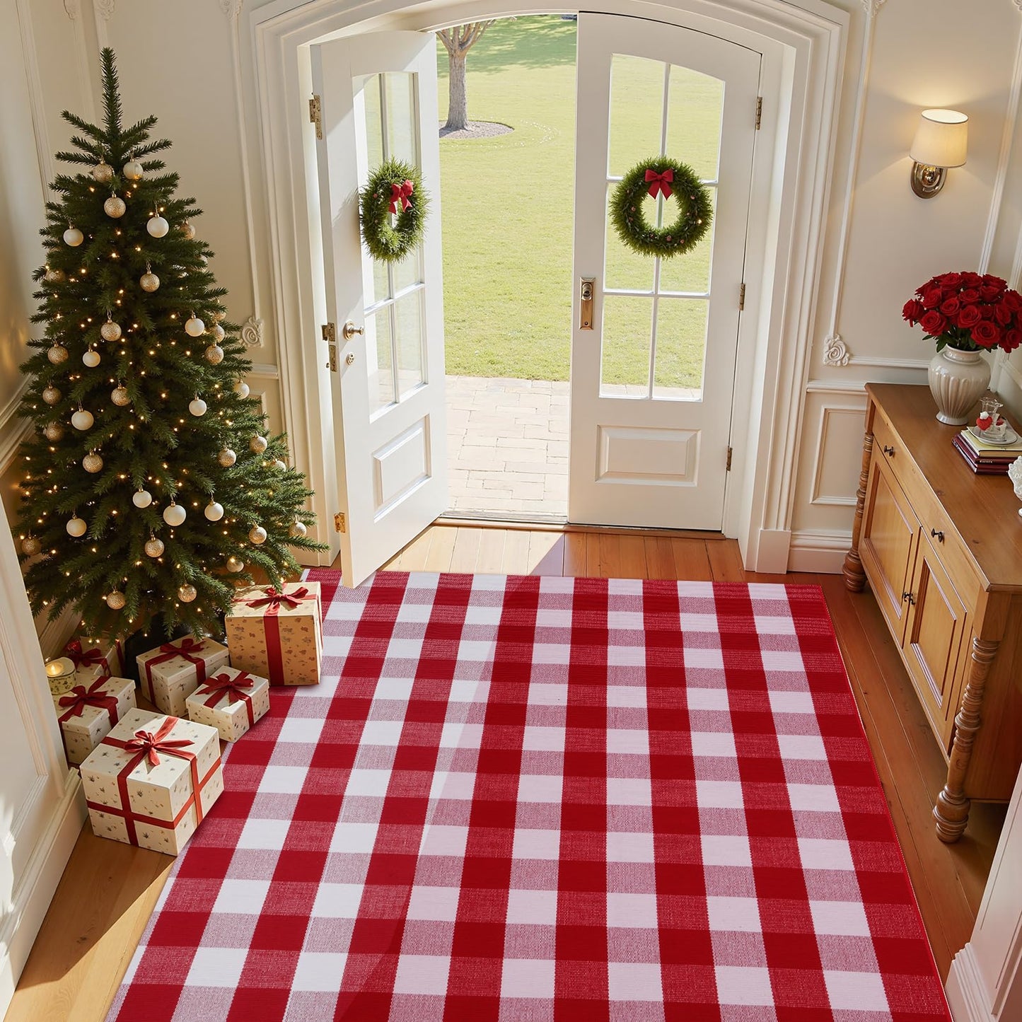 Christmas Red and White Plaid Rug 5 x 7 Ft, Hand-Woven Indoor/Outdoor Layered Cotton Blend Buffalo Plaid Rug, Washable Front Door Mat, Perfect for Porch, Living Room, Entryway