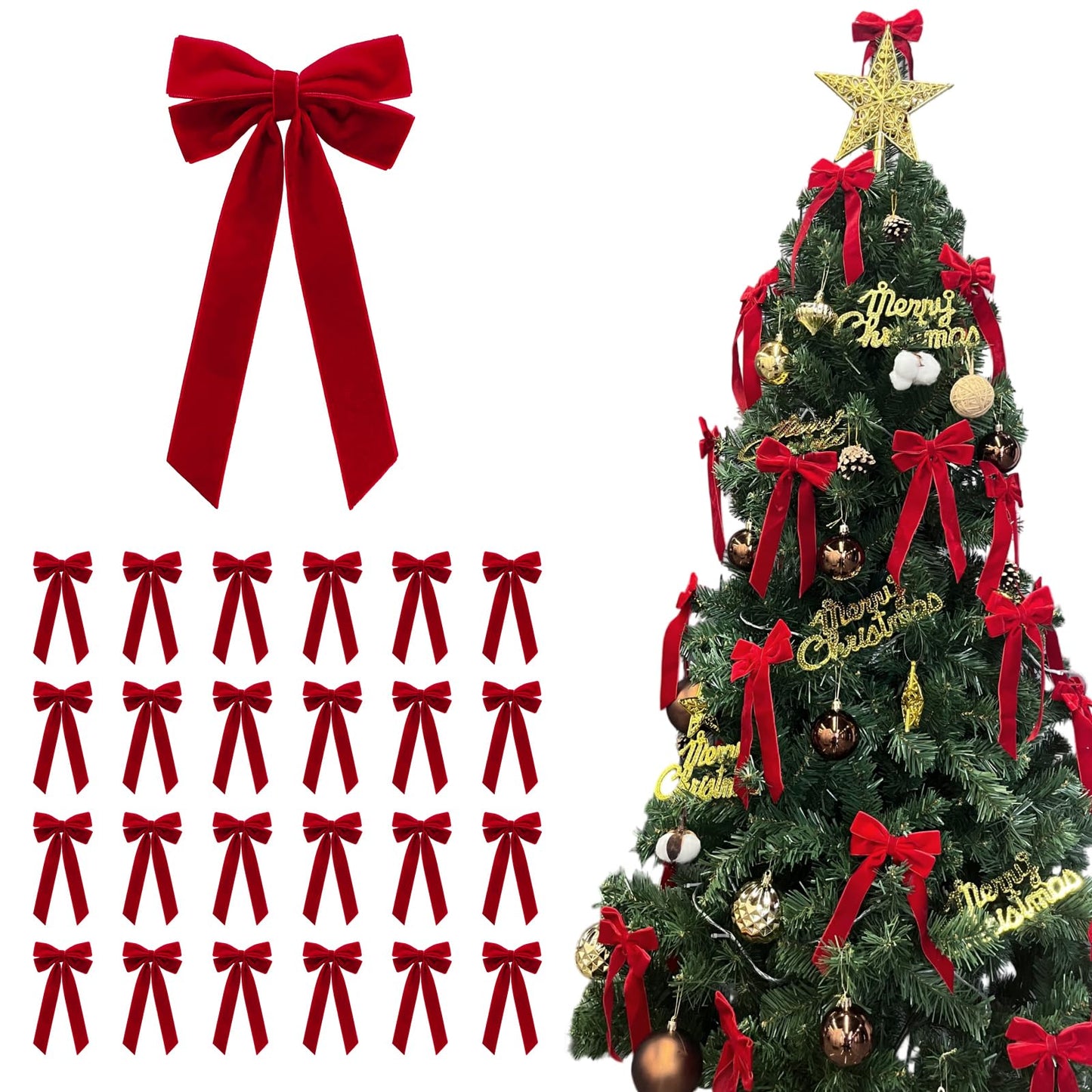 Aoyom 25Pcs Red Velvet Bows for Christmas Tree, 4 x 8 inch Xmas Ornaments with Pre-Made Twist Ties & Self-Adhesive, for Tree Cabinet Front Door Wreath Holiday Home Decor