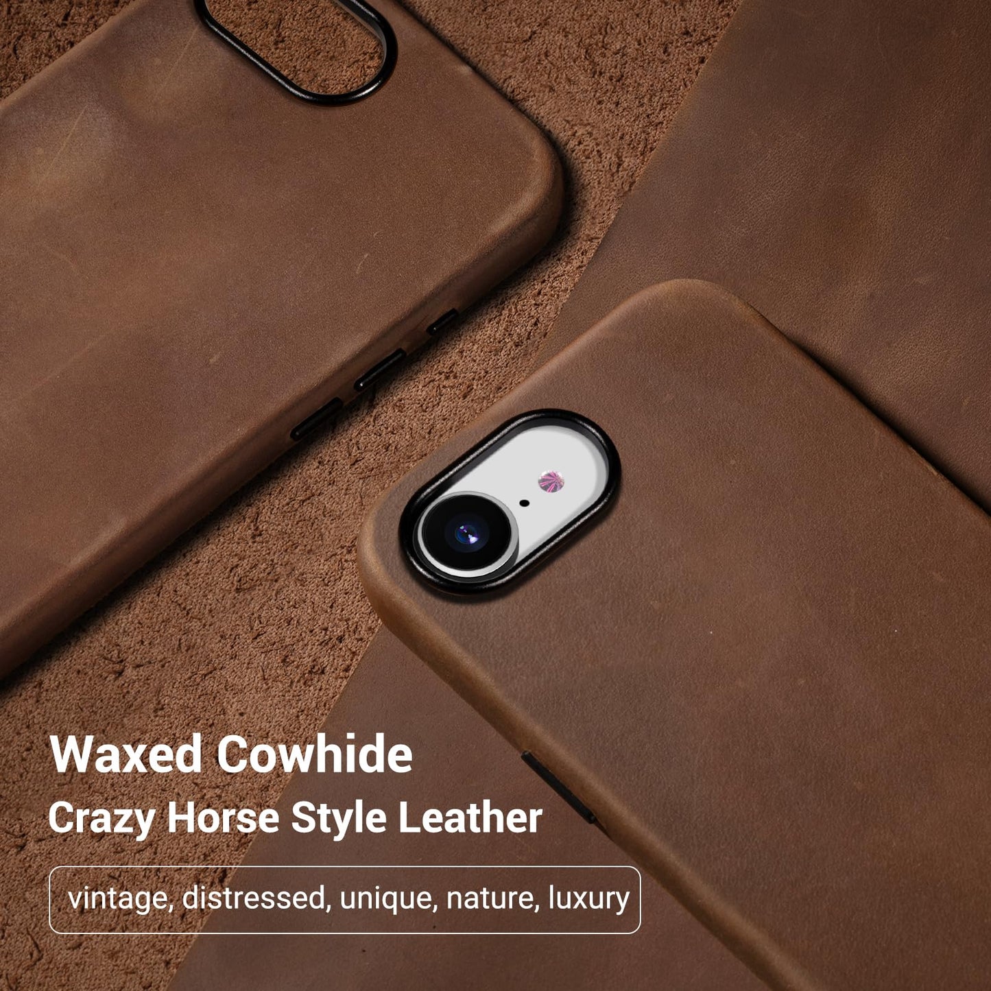 Belemay Handcrafted Crazy Horse Leather Case for iPhone 17e / iPhone 16e, Compatible with MagSafe, Vintage Aesthetic, Two-Tone Effect, Unique Patina, Metal Buttons Cover (6.1"), Vintage Brown