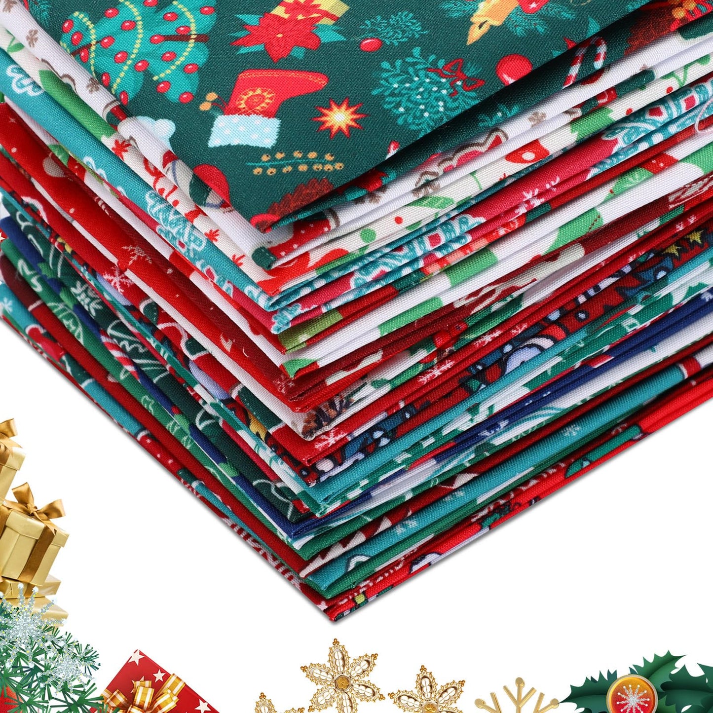Preboun 300 Pcs 5 x 5 Inches Christmas Fabric Square Quilting Fabric Squares Bundle Sewing 25 Different Christmas Patterns Precut Polyester Patchwork for DIY Sewing Crafting Supplies