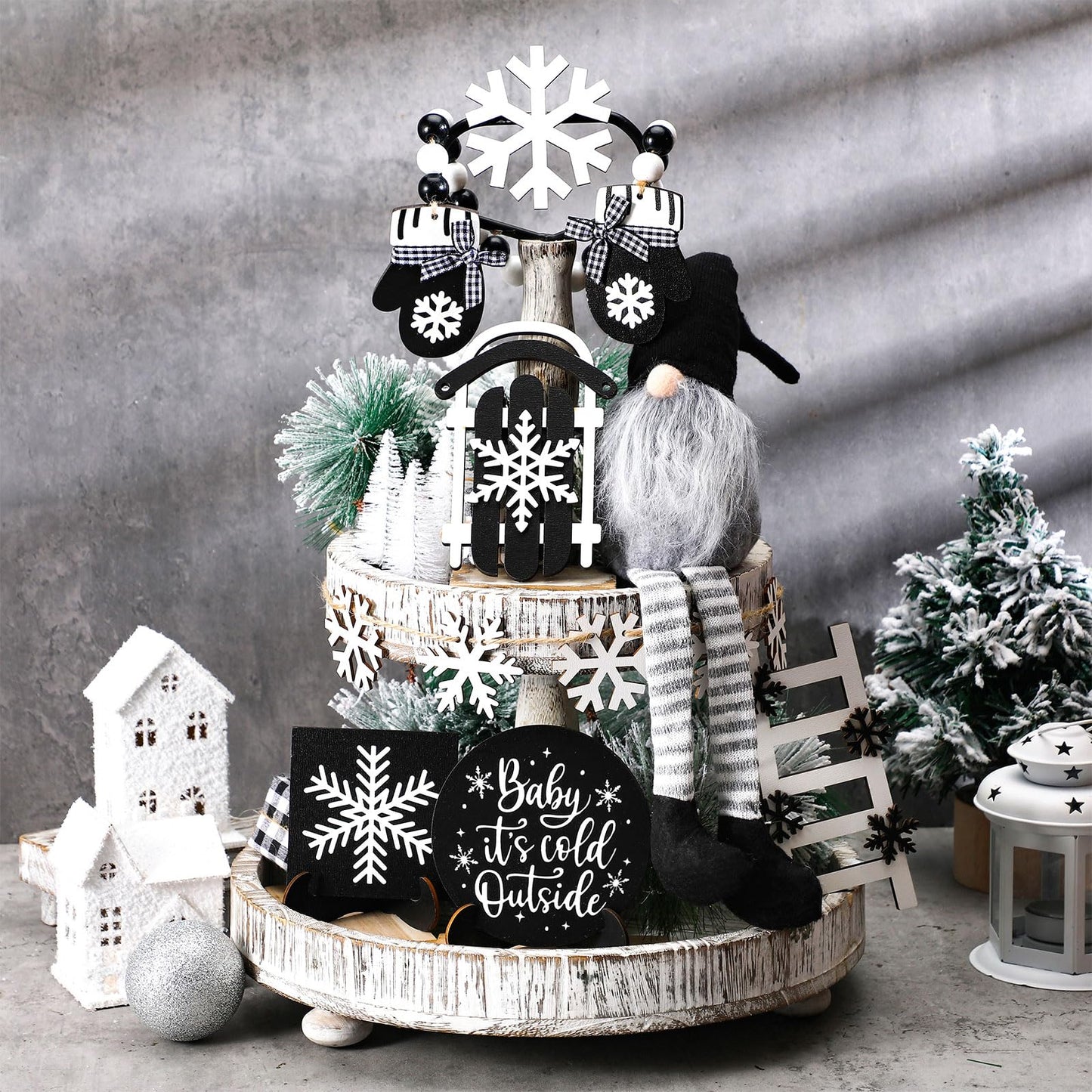 GlikCeil 19 Pcs Winter Tiered Tray Decor Snowflakes Wood Rustic Decoration Tiered Sign Table Centerpieces Without Tray for Tabletop Shelf Winter Xmas Home Party Gifts(Gnome)