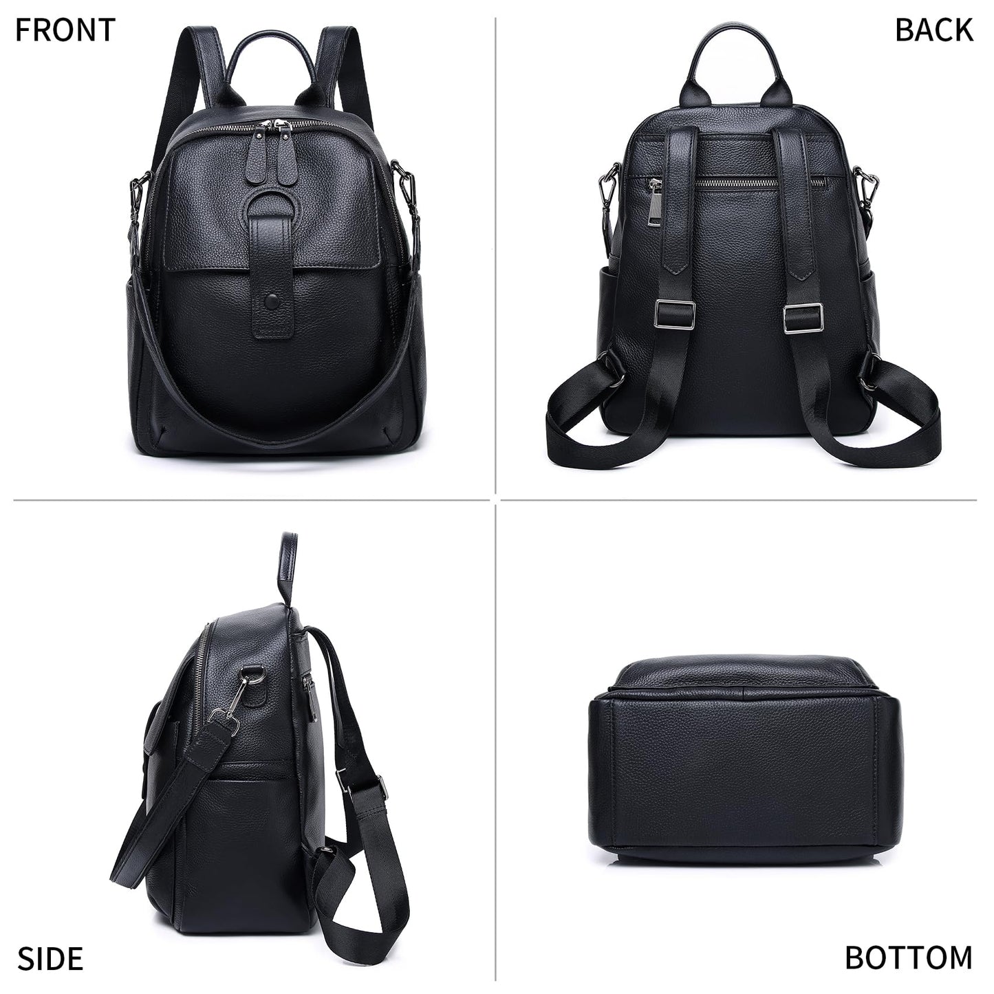 Wesccimo Genuine Leather Backpack Purse For Women Black Real Soft Leather Travel Convertible Ladies Shoulder Bag