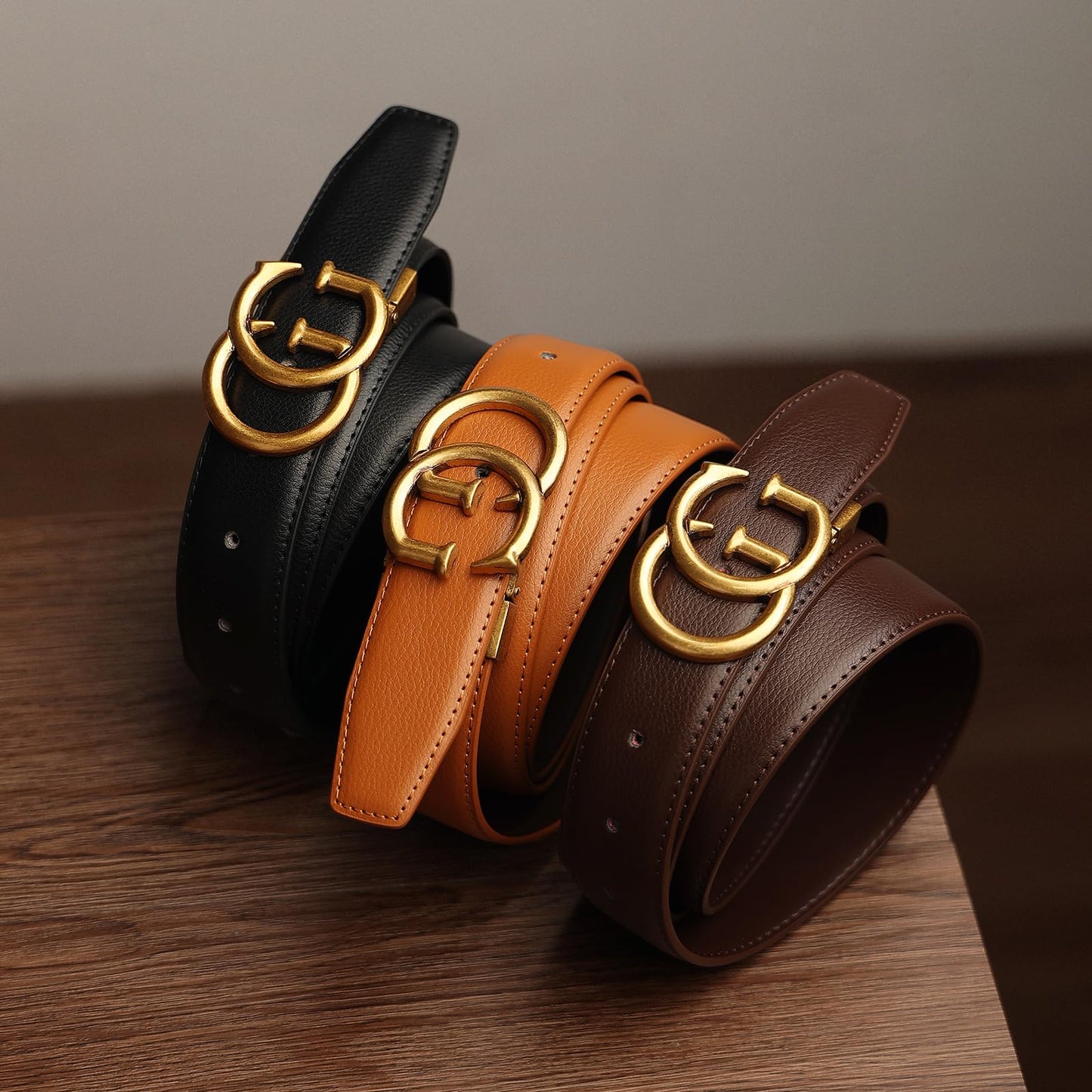 JEKIXHUA Mens Genuine Leather Belt for Men - Adjustable Strap with Gold Buckle, Ratchet Belt for Business & Casual (Gold-1, 24" to 44" Waist Adjustable)