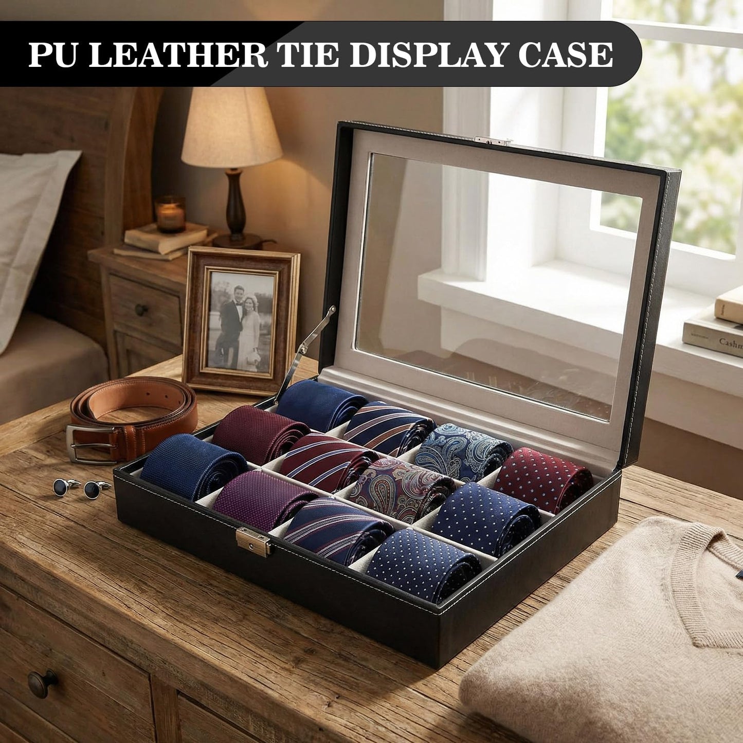 AceOrbit Luxury Tie Display Case with Glass Lid – 12 Slot Organizer for Men's Ties, Belts & Accessories, Lockable Dresser Storage Box, Elegant Gift for Husband or Father