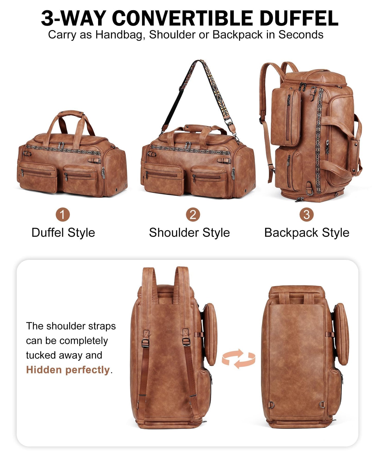 FADEON Duffle Bag for Women, Large Convertible Carry on Overnight Backpack, Designer Leather Mens Weekend Bags for Travel