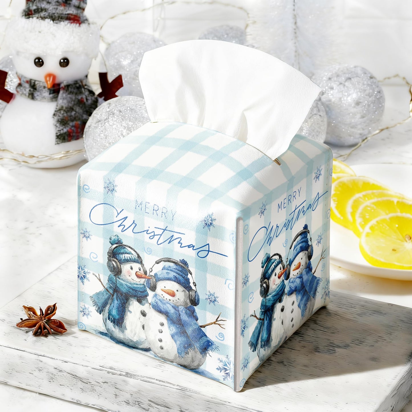 Christmas Snowman Box Cover Square, Blue Checkered Decorative Tissue Box Holder, Waterproof Leather Tissues Boxes Dispenser for Bathroom, Office, Car, Bedroom Nightstand, Home Decor