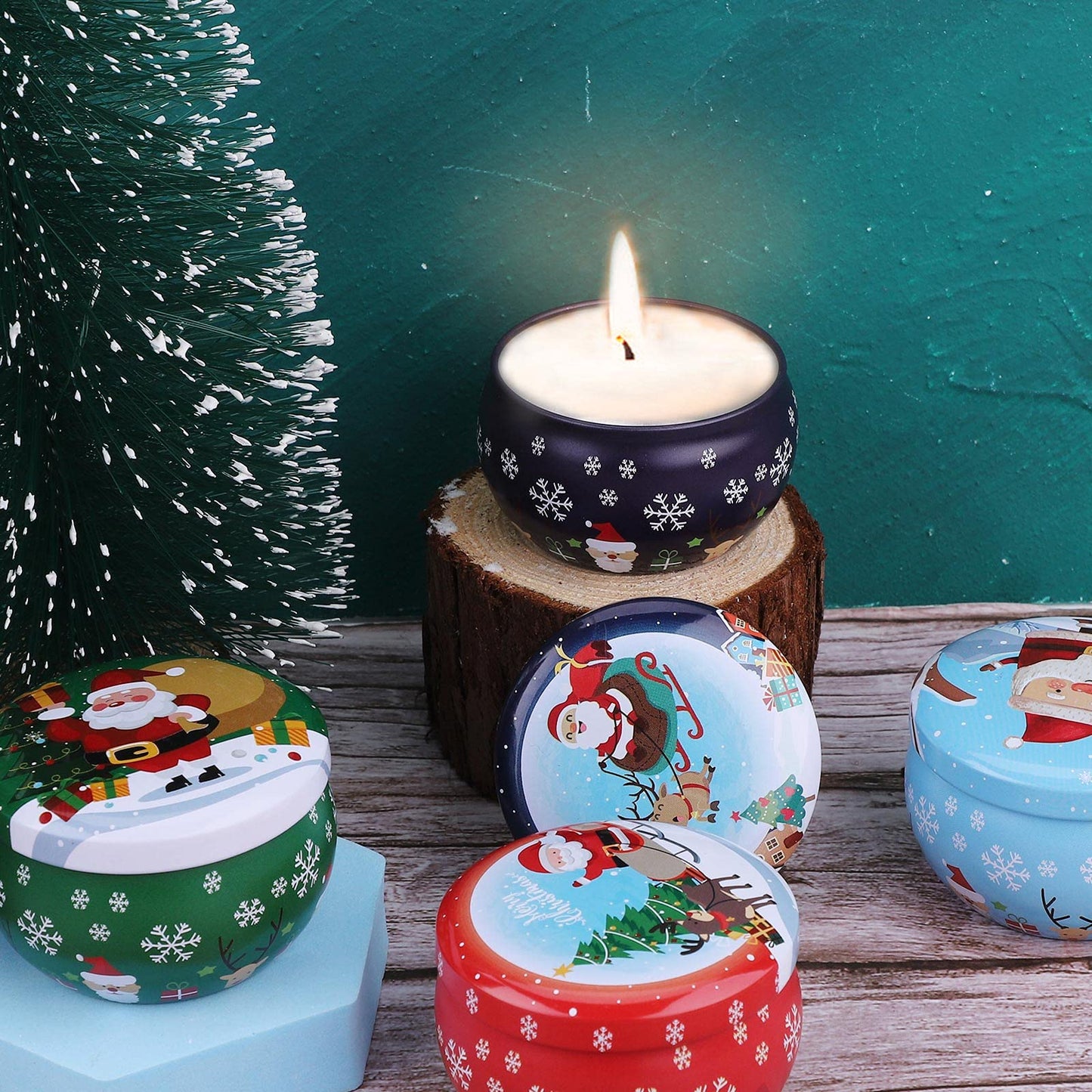TSLBW Candle Tin Jars 8PCS Christmas Round Tinplate Empty Tins Boxes Mini Candle Making Containers Empty Metal Candle Tin with Lids for DIY Candle Making Candy Tea Spices Xmas Party Favor Gifts