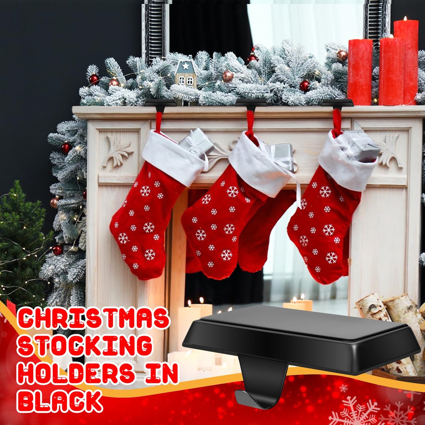 Homjoy 6 Pack Metal Christmas Stocking Holders for Mantle Heavy Duty Stocking Hangers Stocking Hook Christmas Ornaments for Counter Tables Window Fireplace Mantle Decoration (Black)