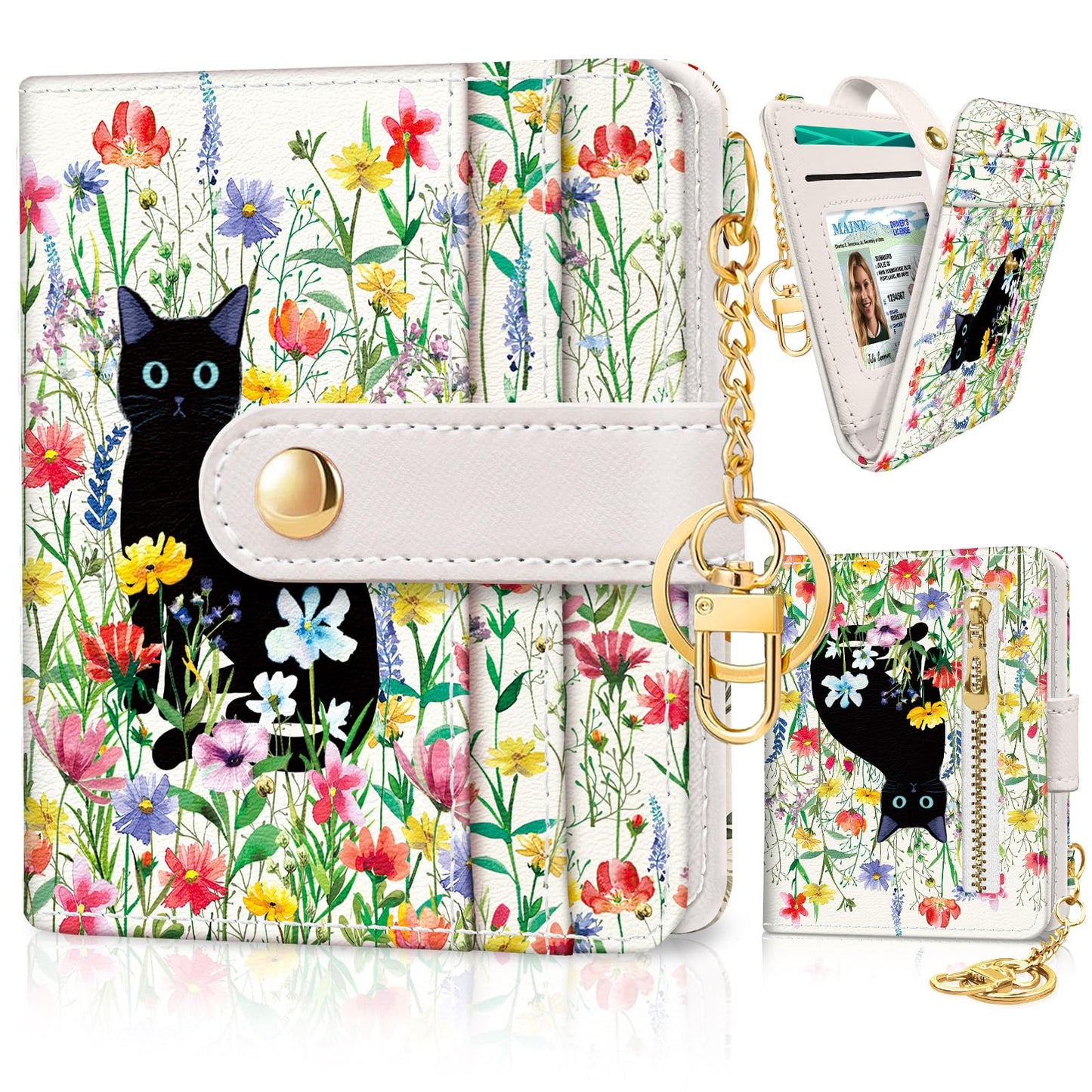 Jogjam Black Cat Flower Floral Aesthetic Rfid Women Wallet, Cute Small Slim Thin Compact Credit Card Wallet, PU Leather Bifold Cash Wallet, Zipper Coin Pocket ID Window, Girls Girly Teens Gifts