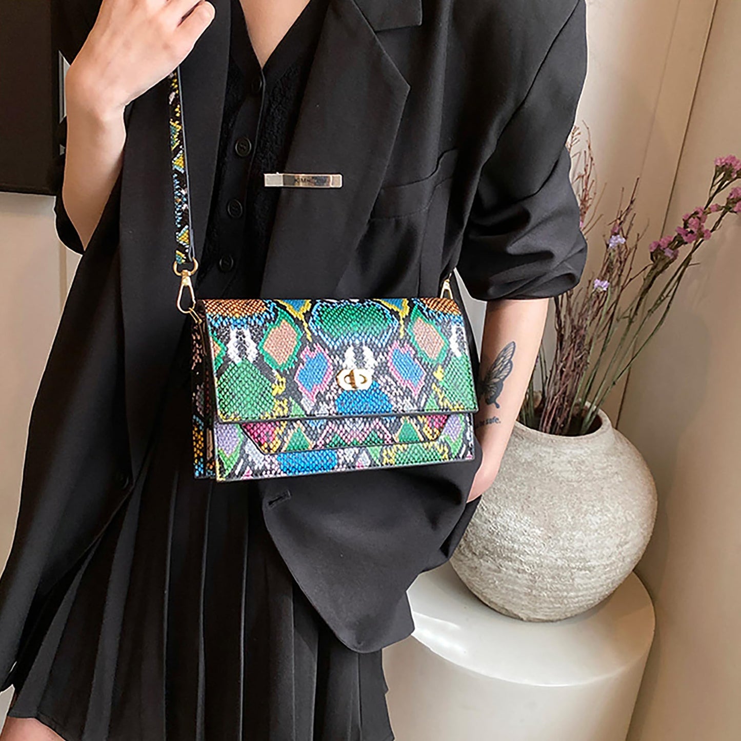 CLARA Women Fashion Snakeskin Pattern Clutch Handbag Envelope Bag Pompom Shoulder Bag Evening Party