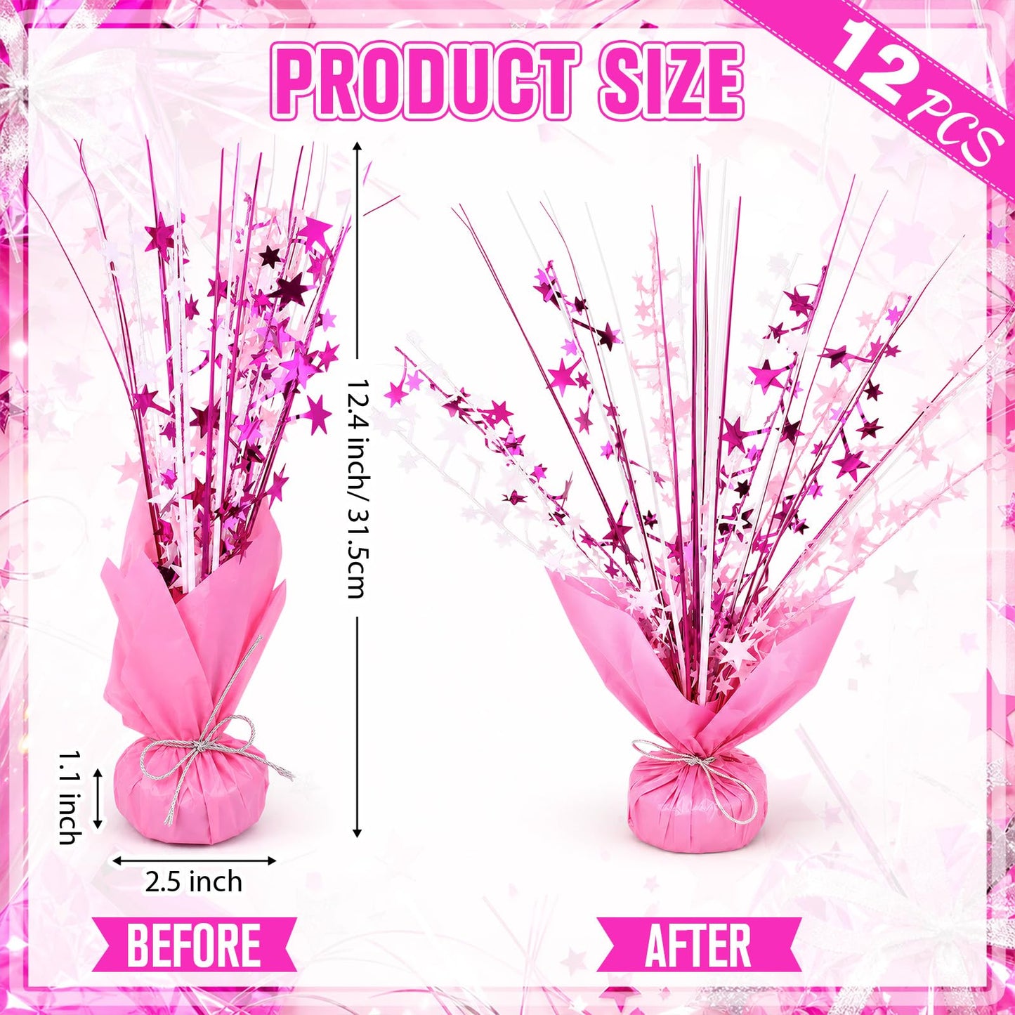 SiliFine 12 Pack Metallic Foil Spray Centerpiece Star Table Decoration Burst Glitter Table Centerpieces for Birthday Wedding Baby Shower Anniversary Holiday Party Supplies, Pink White Rose Red