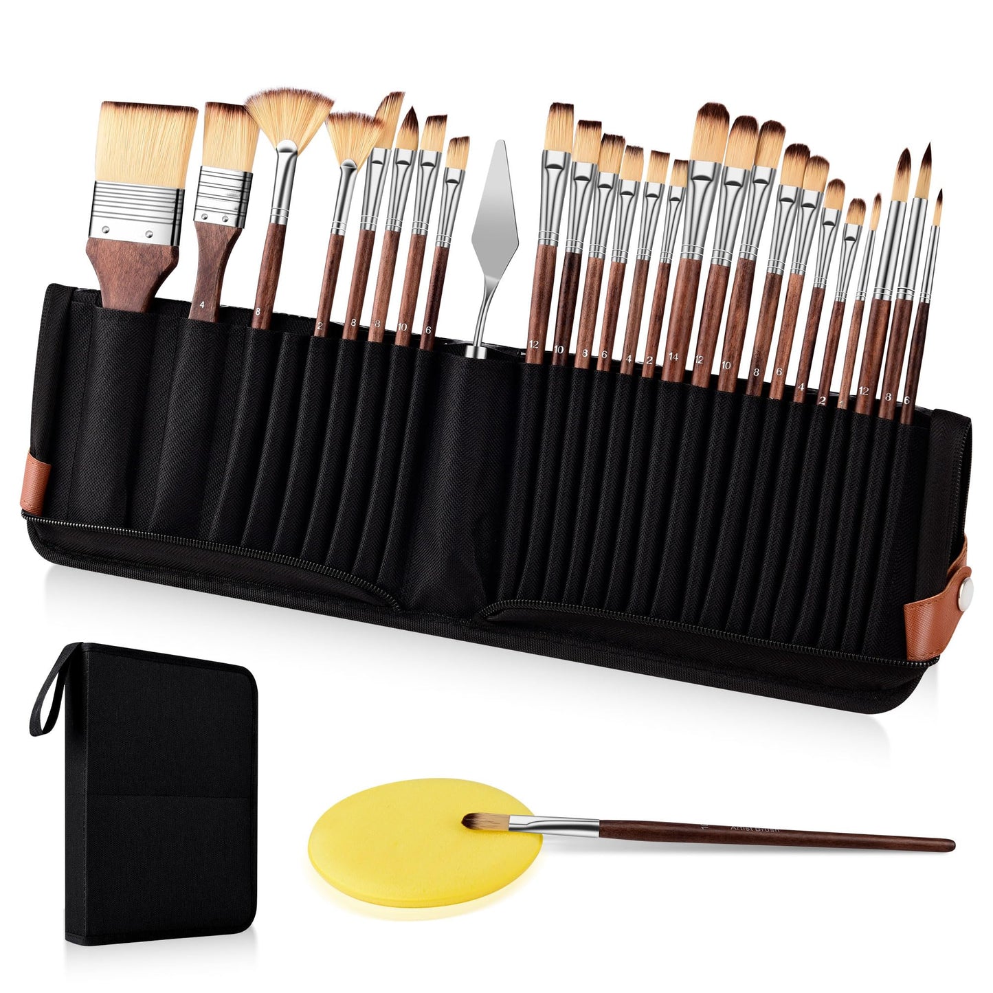 26-Piece Nylon Paint Brush Set – Zipper-Sealed Case, Independent Brush Compartments, Foldable Stand, for Beginners & Professionals