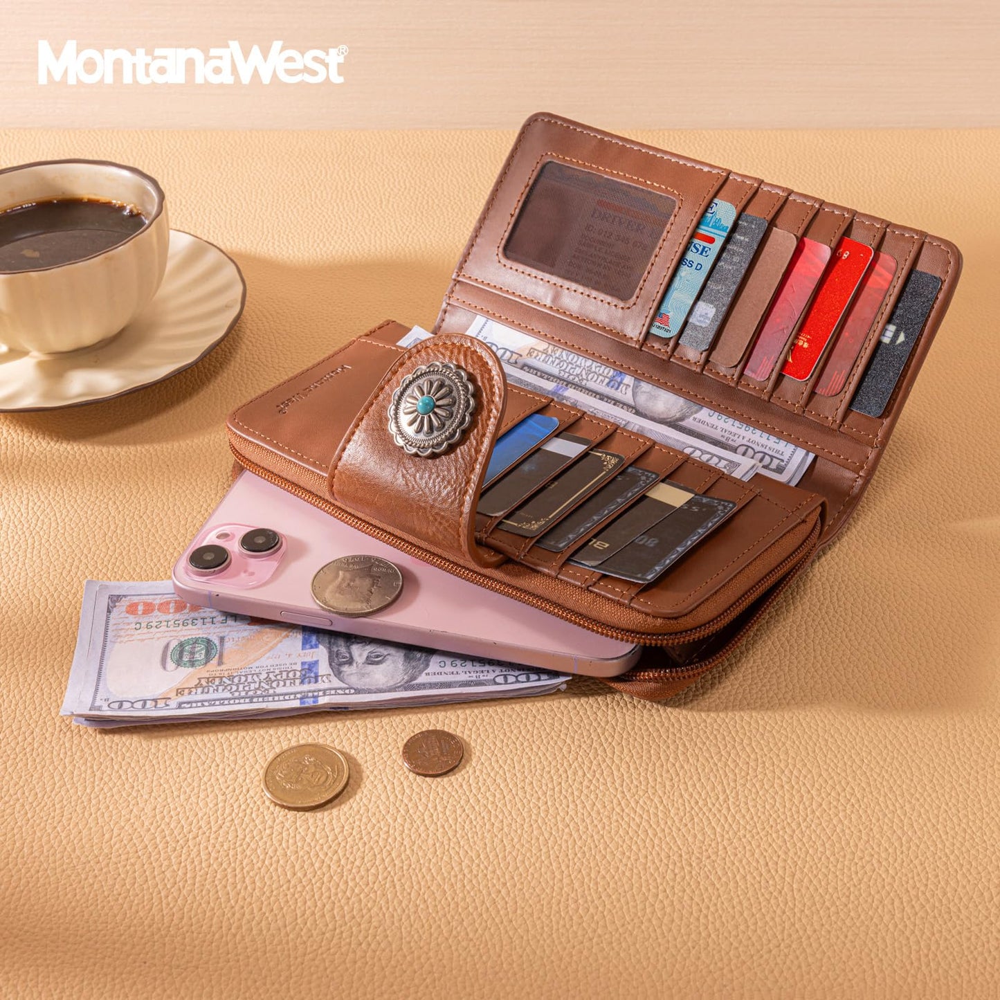 Montana West Brown Sunflower Wallets for Women RFID Blocking Wallet Large Capacity Phone Clutch Wallet Ladies Female Western Bifold Wallets with Coin Purse