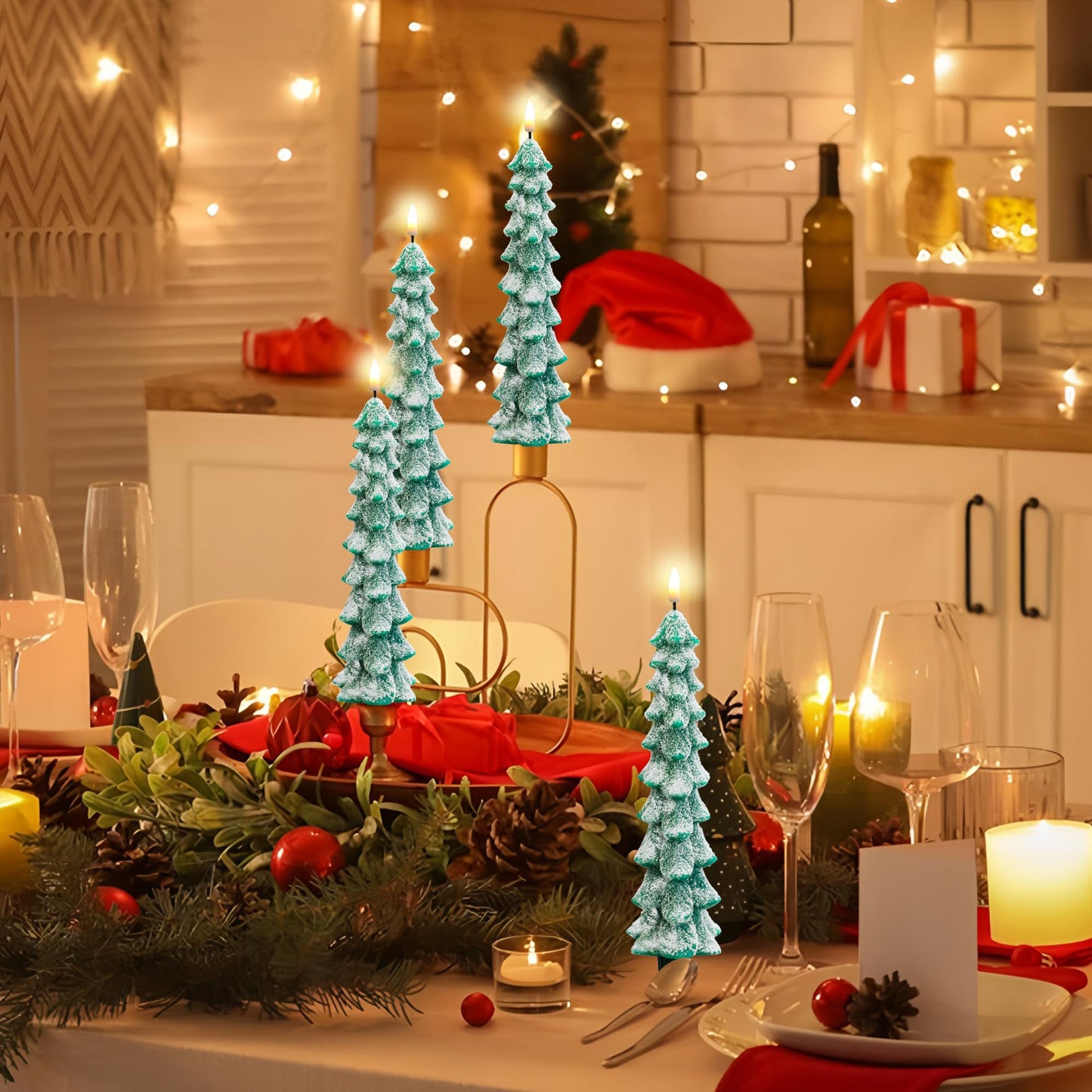 4 PCS Christmas Tree Candles with Remote Timer 10 Inch LED Flameless Taper Candles Wax Battery Operated Candlesticks Green Window Candle with 3D Wick Flickering for Xmas Holiday Gifts Party Home Decor