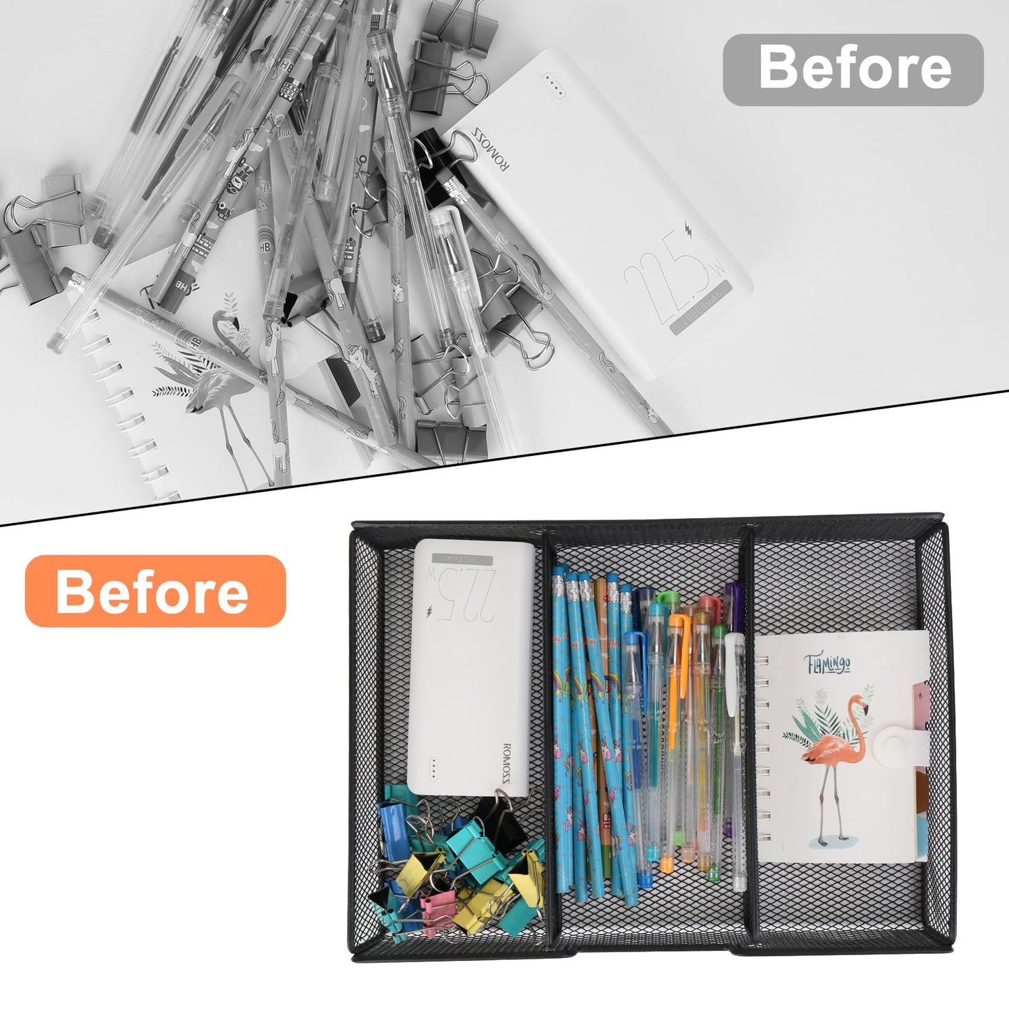 Desk Drawer Organizer Tray, Office Junk Drawer Organizer with 3 Compartments, Metal Mesh Dividers Pen Pencil Storage Box for Office Supplies Desk Accessories Workspace School Cosmetic Organization