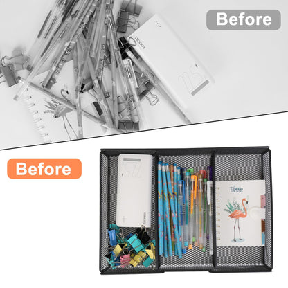 Desk Drawer Organizer Tray, Office Junk Drawer Organizer with 3 Compartments, Metal Mesh Dividers Pen Pencil Storage Box for Office Supplies Desk Accessories Workspace School Cosmetic Organization