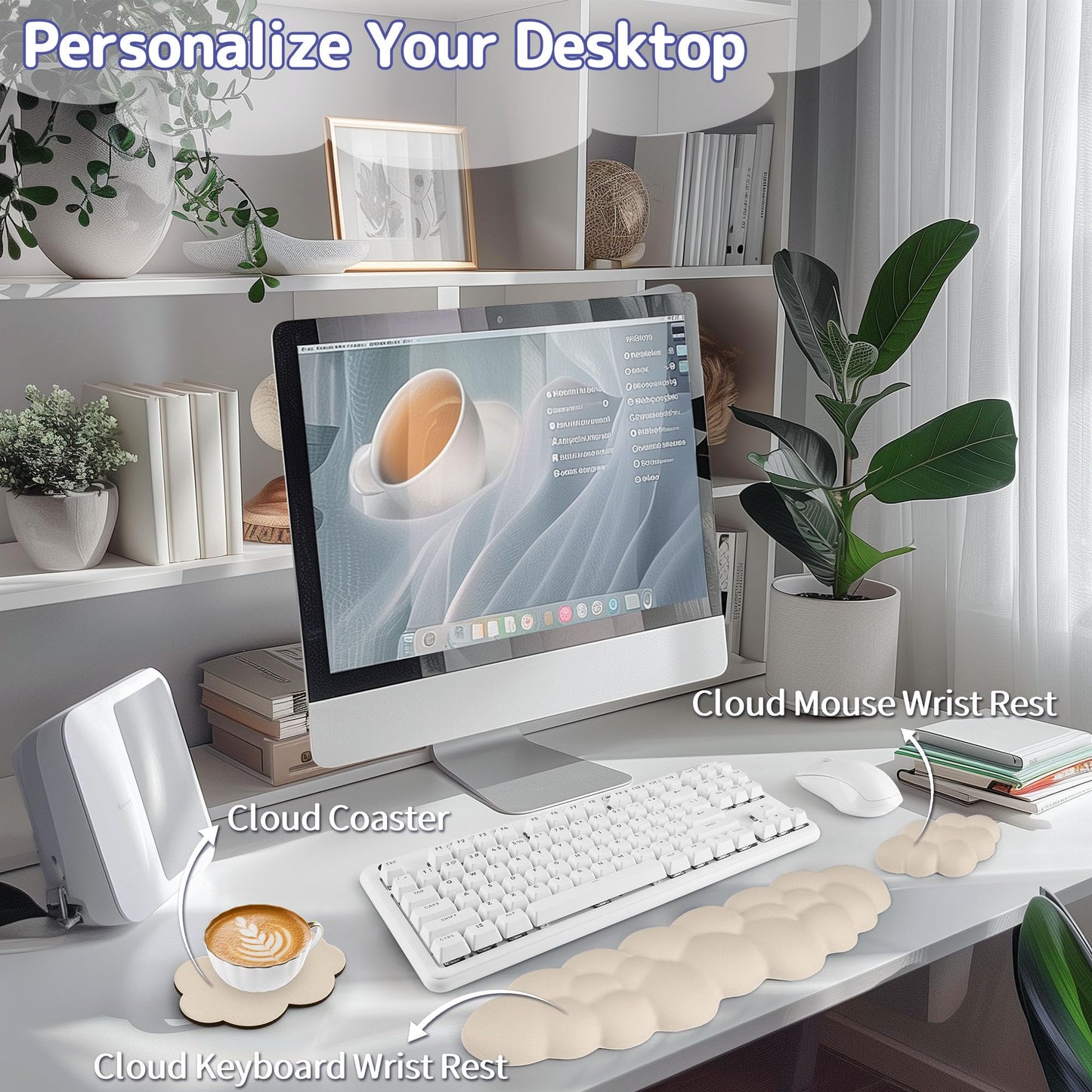 Sushret Cloud Wrist Rest Keyboard, Cloud Keyboard Wrist Pad Set with PU Leather Memory Foam, Cute Arm Rest for Palm Support, PC/Gaming Desk Accessories/Office Setup/Computer Hand Cushion - Beige