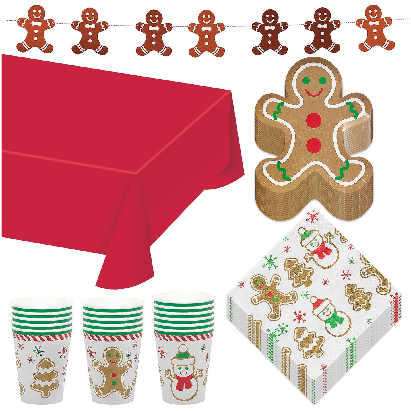 HOME & HOOPLA Gingerbread Man Shaped Paper Dessert Plates, Napkins, Cups, Table Cover, and Hanging Garland for Christmas Holiday and Winter Parties (Serves 16)