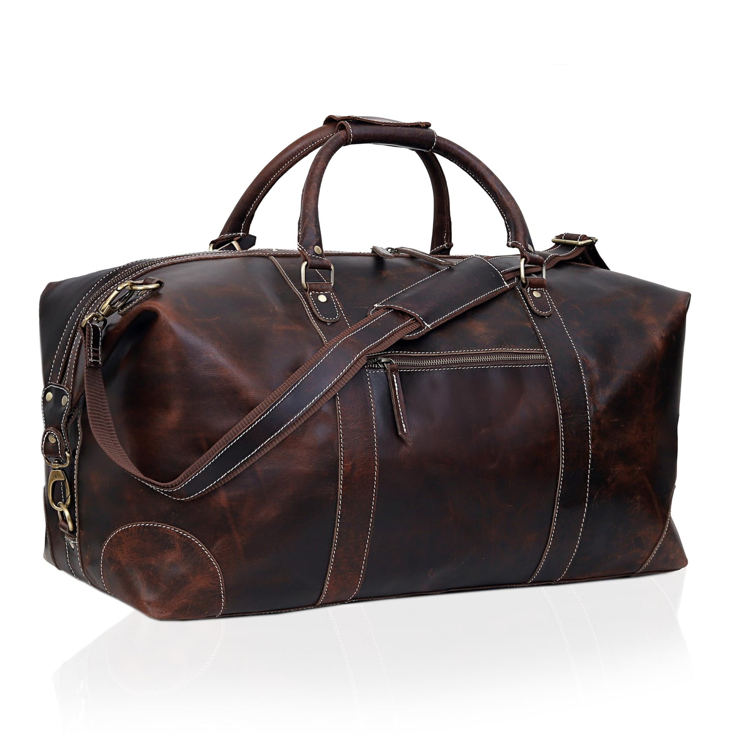Leather Farm 24 Inch Genuine Buffalo Leather Travel Duffel Bag, Overnight Weekend Bag Sports Gym Duffel for Men, Airplane Under Seat Carry on Bags (Brown)