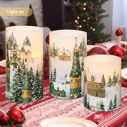 Christmas Flameless Pillar Candles Winter Snowflakes Village Theme Battery Operated with Remote Real Wax LED Flickering Realistic Flame Light Window Christmas Gifts Holiday Home Decor