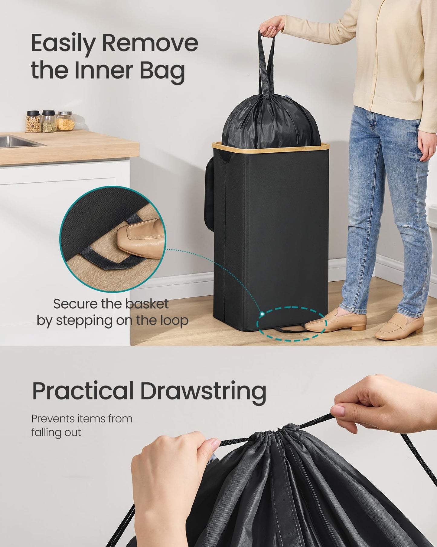 SONGMICS Recycling Bin for Kitchen 26.4 Gallon. Bottle Recycling Container, Collection Bin, for Metal, Plastic, Paper, Glass, Inner Bag with Handles, Kitchen, Ink Black and Natural Beige URRB509B01