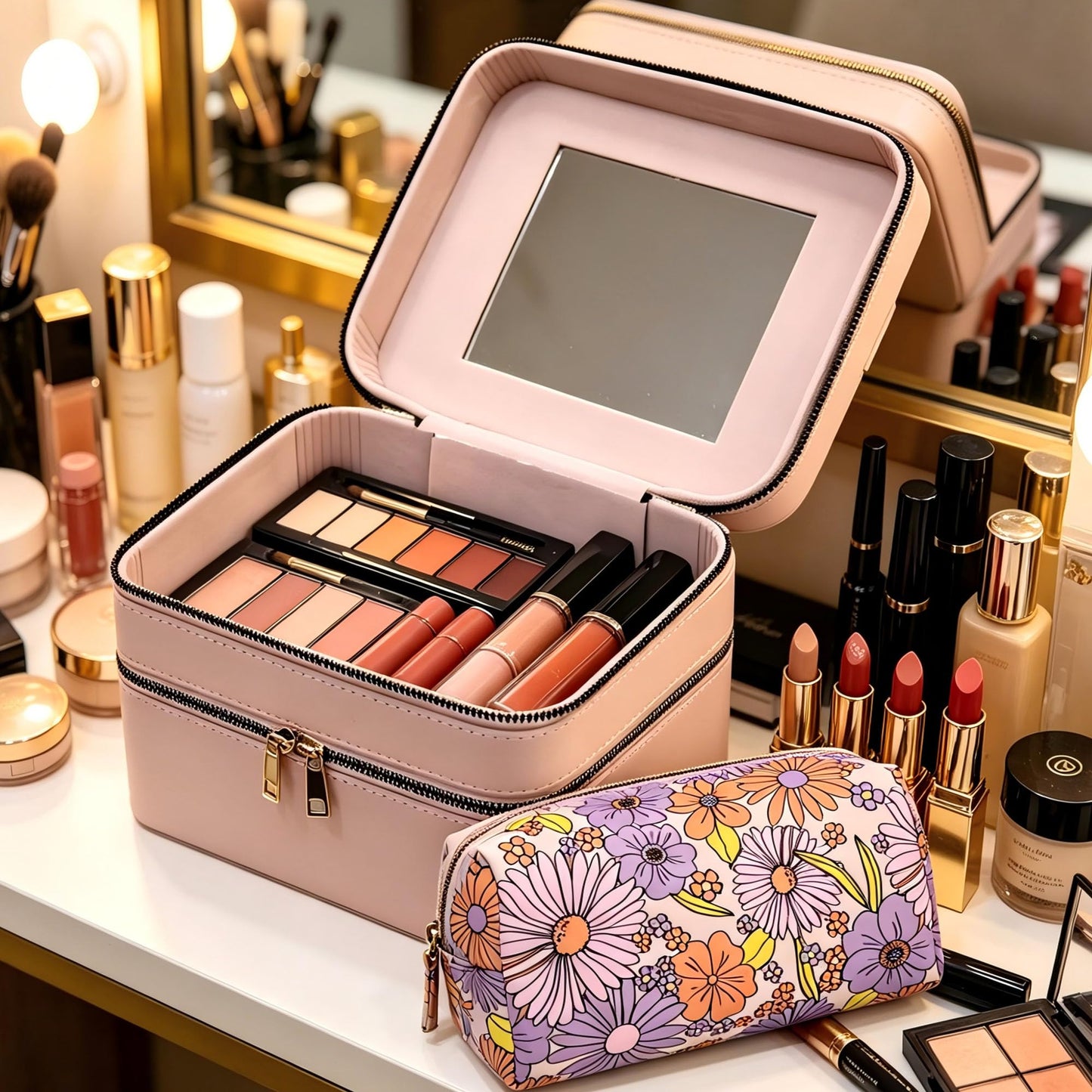 RCFJ b y K L A N D Hard Makeup Case with Mirror and Flower-Patterned PU Leather Cosmetic Bag