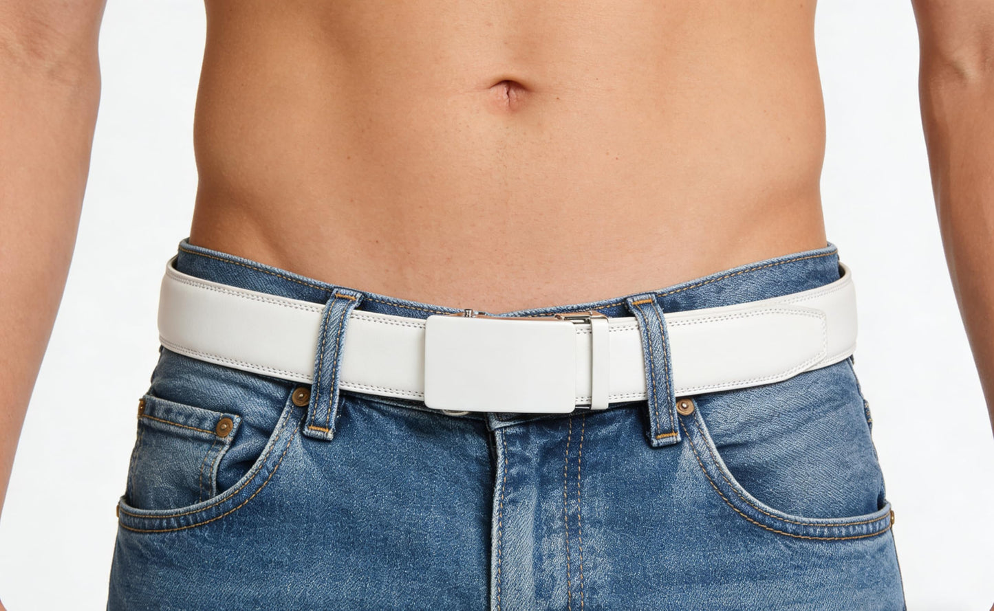 Lingli White Belt for Men Ratchet Dress Belt with Automatic Buckle -Trim to Fit-35mm wide-0051-110-White