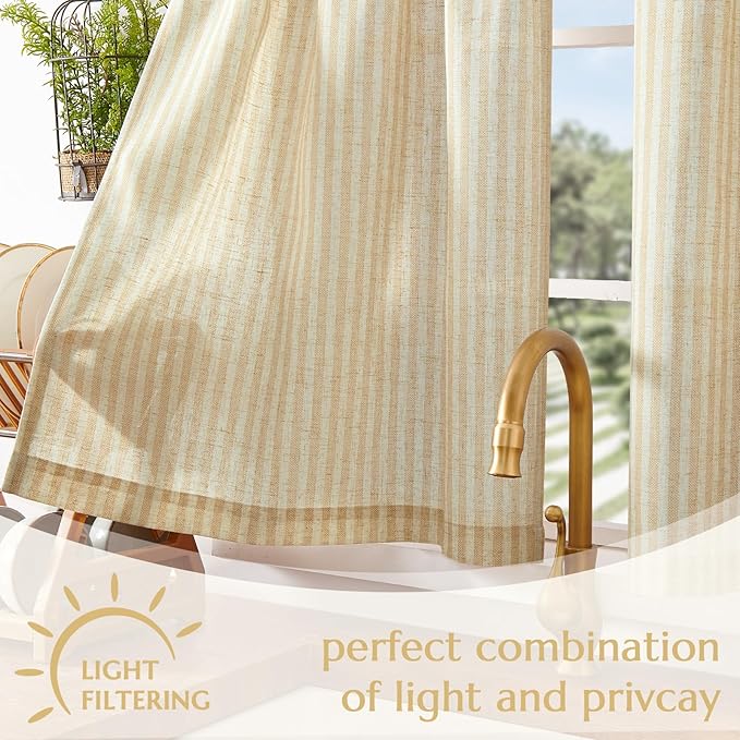 jinchan Striped Linen Kitchen Curtains 24 Inches Length Tier Curtains Farmhouse Modern Cafe Style Small Window Treatments Airy Light Filtering Rod Pocket for Living Room Bathroom 2 Panels Beige
