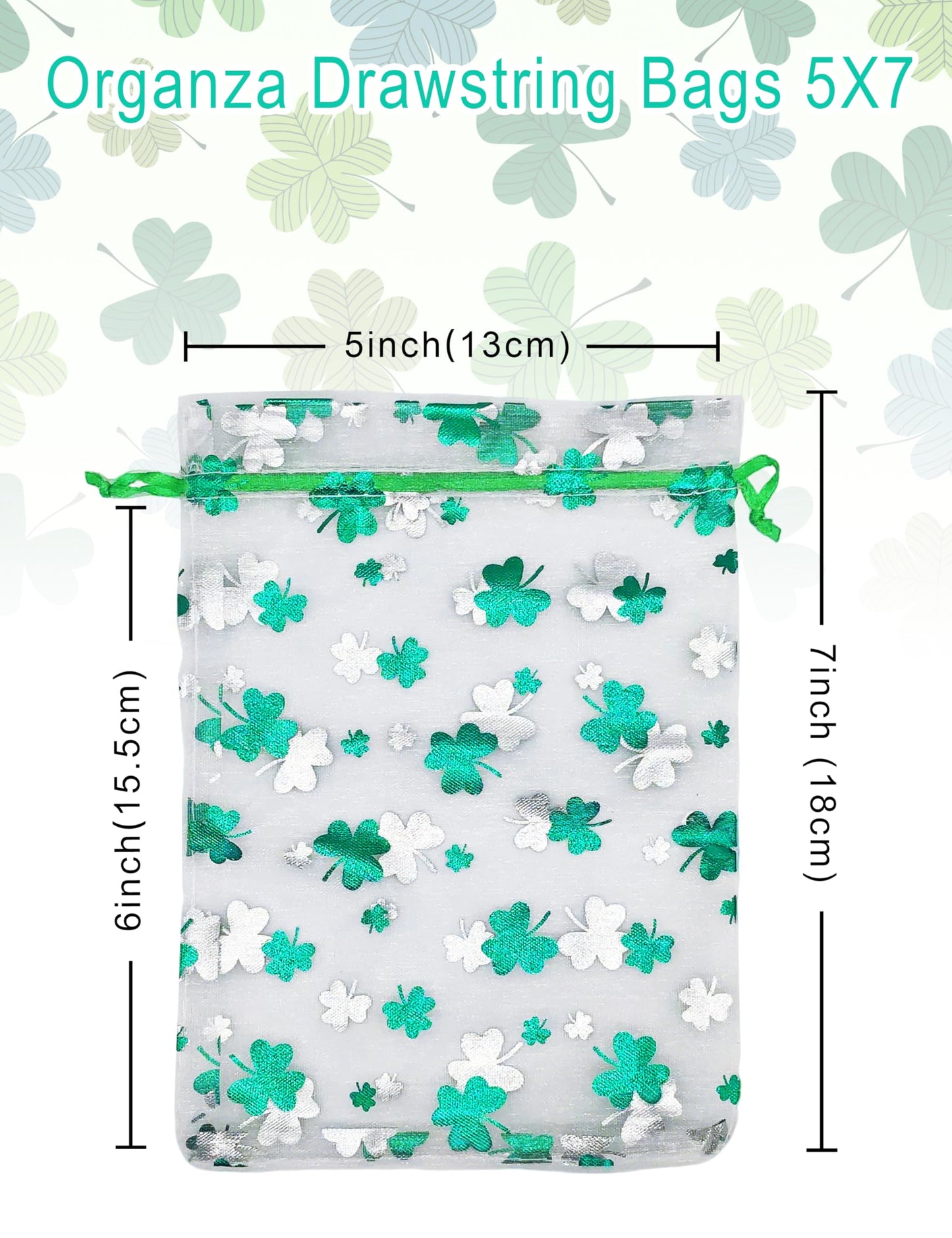 Jexila 50PCS St.Patrick's Day Organza Gift Bags Shamrock Clover Drawstring Goodie Treat Bag St.Patrick's Party Favors for Kids Classroom