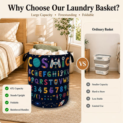 Cosmic Alphabet Space Collapsible Laundry Hamper for Bedroom, Freestanding Oxford Clothes Basket, Large Foldable Storage Bin with Easy-Carry Handles for Bathroom Dorm Laundry Room