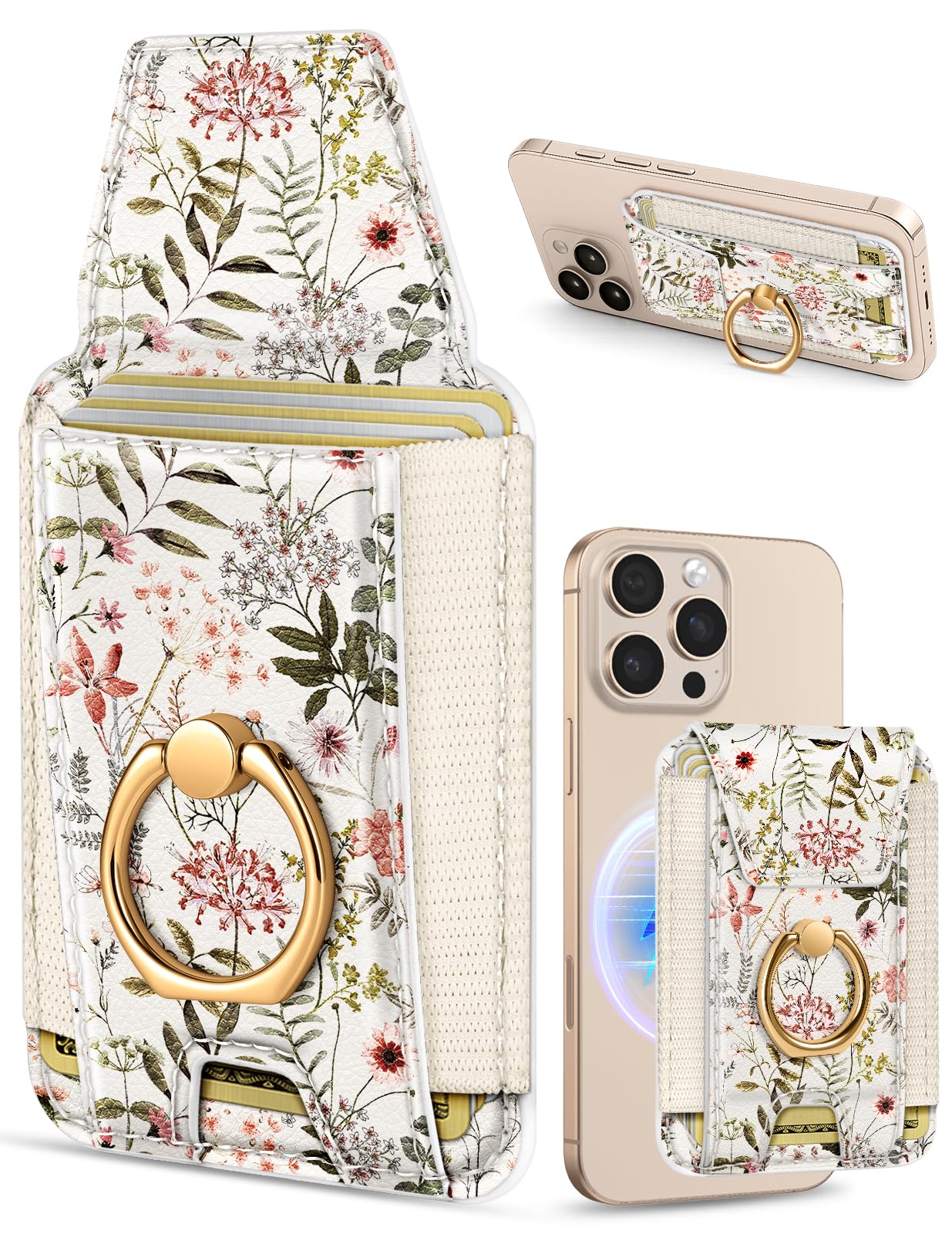 Shorogyt Compatible with Magsafe Wallet with Grip Magnetic Card Holder - Cute Phone Wallets with Ring Stand for iPhone 17/16/15/14/13/12 Series for Women Girls, Fit 7 Cards, Flower