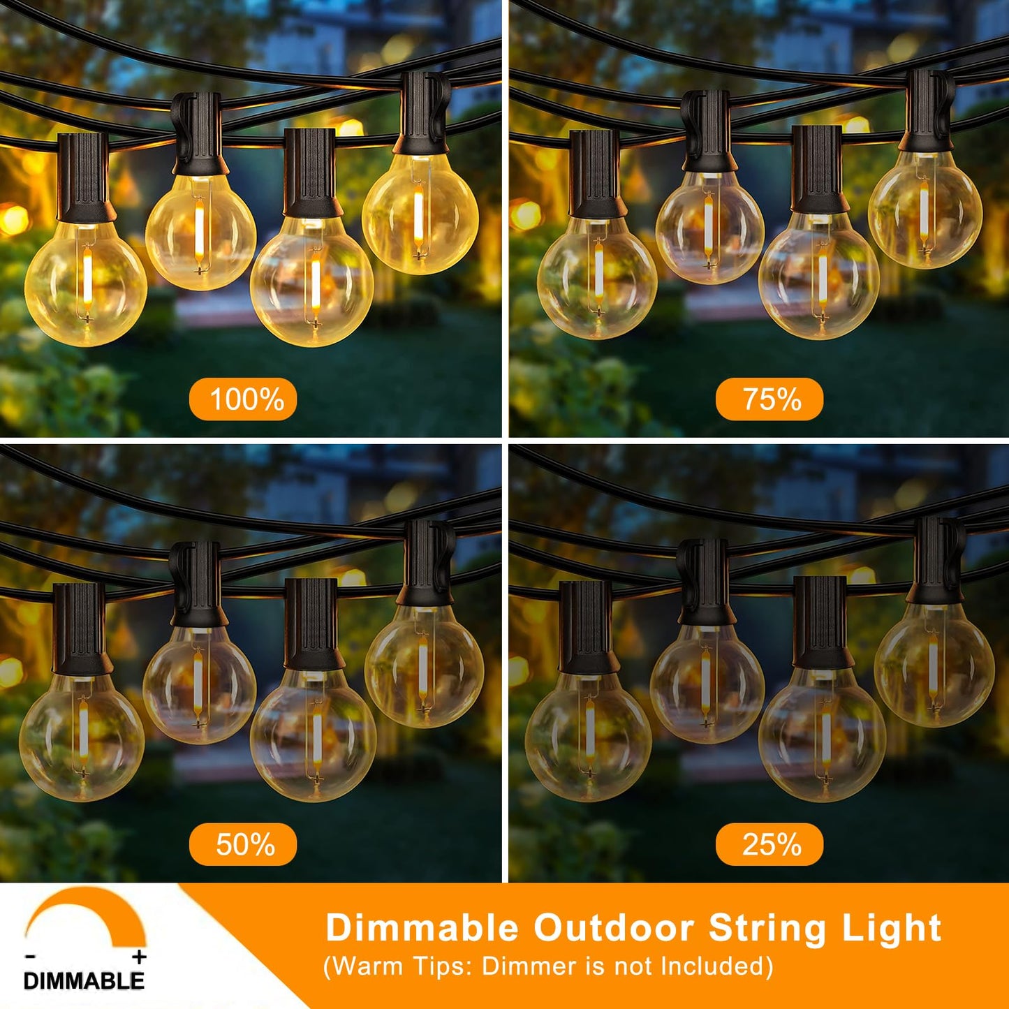 GvvooHome Outdoor String Lights, LED Patio Hanging Lights with Waterproof G40 Globe Plastic Bulbs for Outside Backyard Porch Garden Cafe Decor (25ft - 14 LED Bulbs)