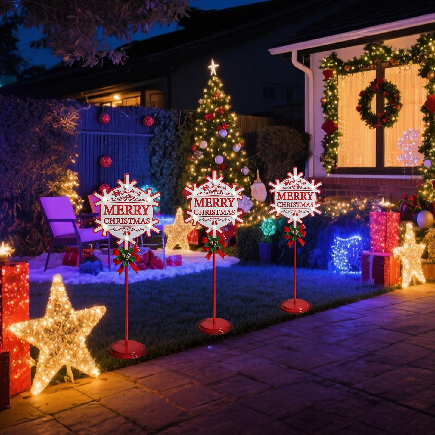 Merry Christmas Sign with LED Light Battery Operated with Timer Christmas Signs with Base Xmas Holiday Decorations Patio Lawn Yard Outdoor Display Decor