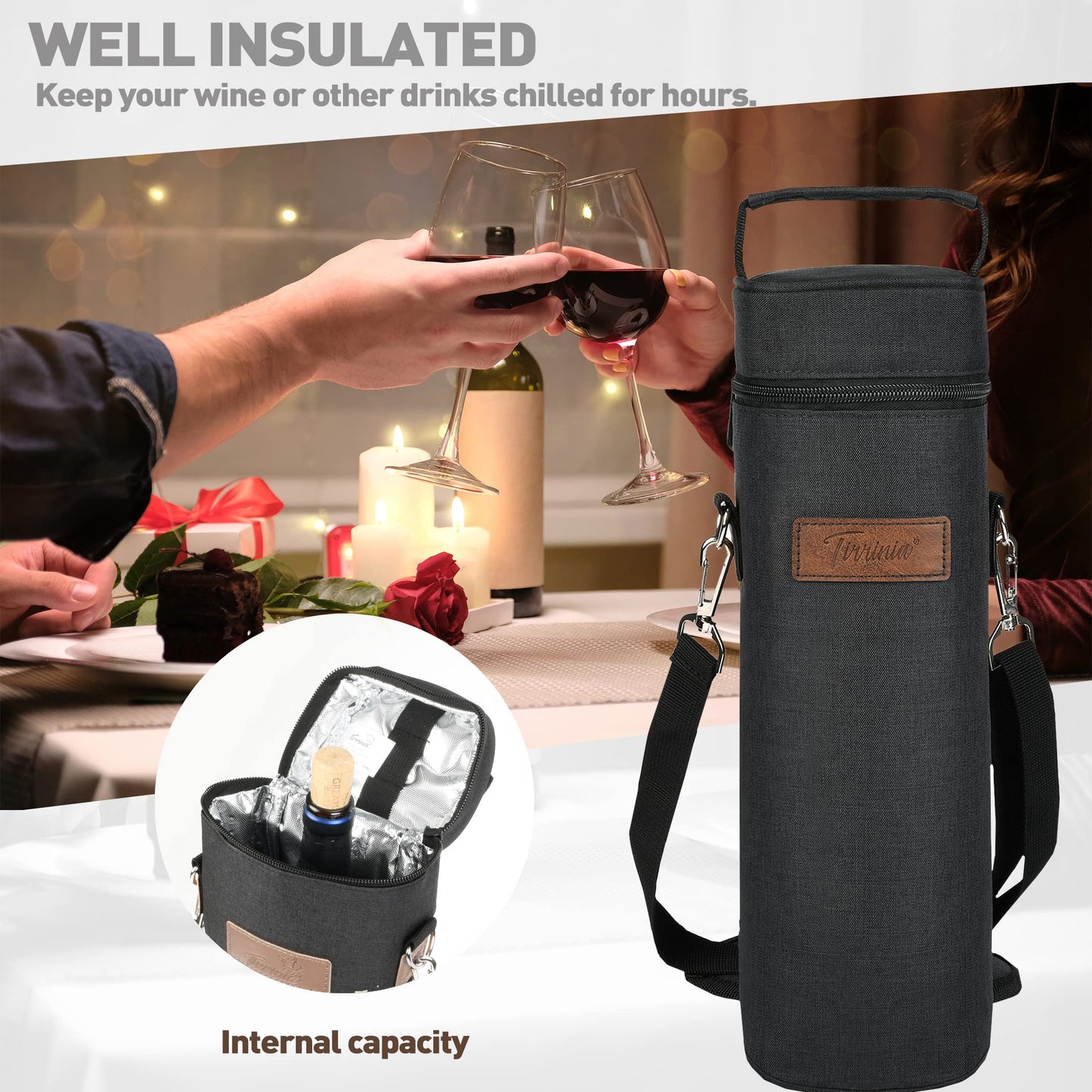 Tirrinia Single Bottle Wine Gift Carrier Bag, Insulated Travel Wine Cooler Tote with Shoulder Strap for Picnic, Party, BYOB Restaurant, Portable One Bottle Wine Chiller Container, Gift for Wine Lovers