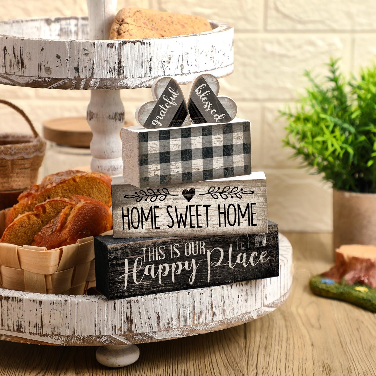 Moucuny 4 Pcs Farmhouse Kitchen Decor Black and White Farmhouse Tiered Tray Decor Home Sweet Home Centerpiece Wooden Heart Rustic Valentines Day Block Sign for Kitchen Shelf Valentines Gift Decoration