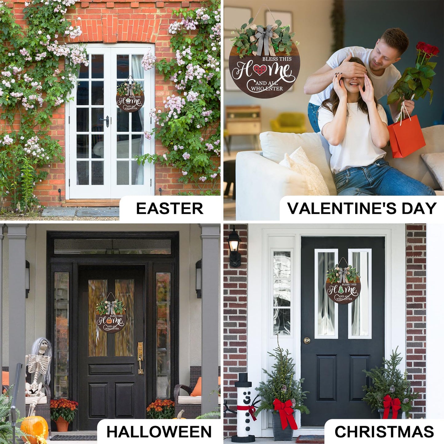 Interchangeable Seasonal Welcome Sign for Front Door, Rustic Round Wood Wreath Wall Hanging Decorations, for Spring Summer Fall Winter All Holiday Halloween Christmas Farmhouse Outdoor Home Decor