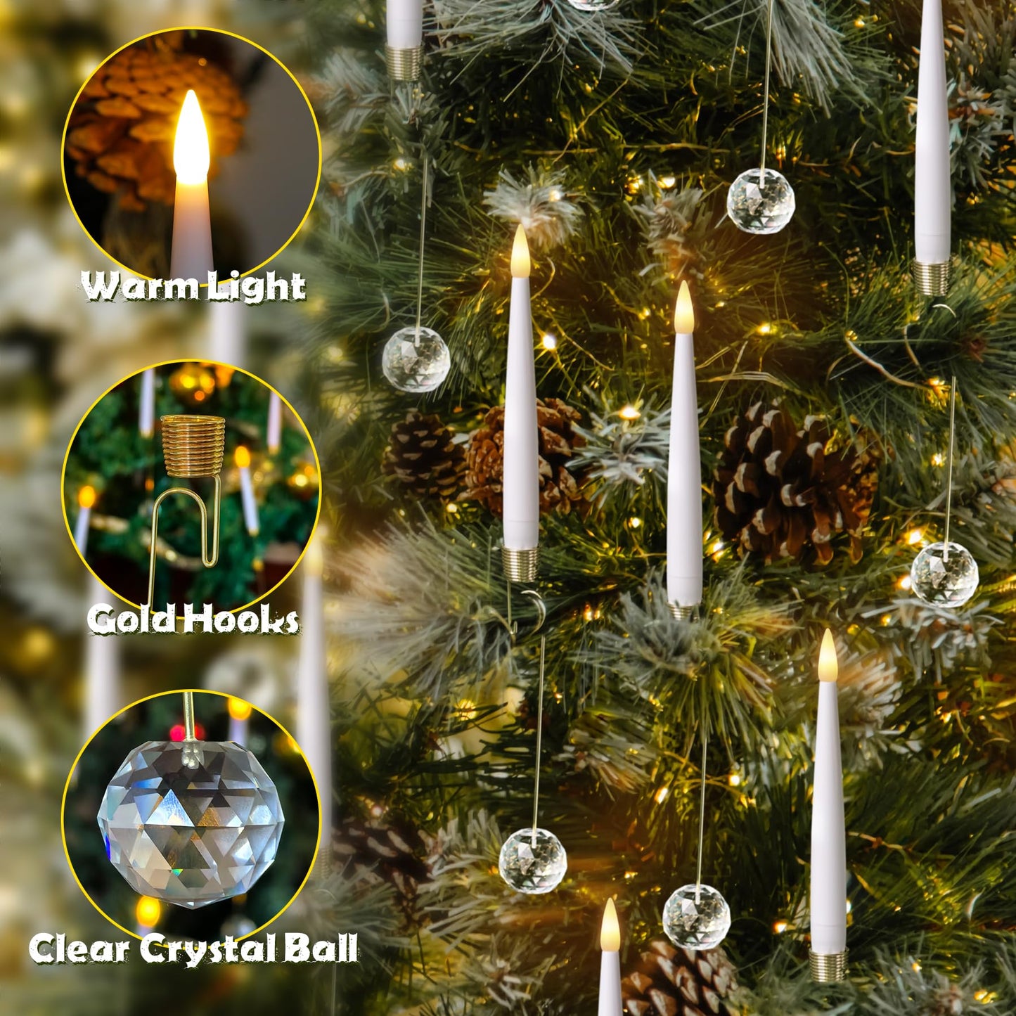 Mavandes LED Taper Candles with Clear Crystal Ball Hooks, Remote Timer White 12pcs Plastic Flameless Candlesticks Flickering Battery Operated Warm Light for Home Party Decor Indoor (0.5" x 6")