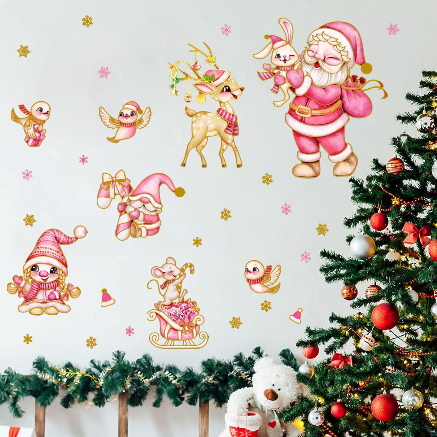 Wrdpyrmnis Pink Santa Claus Wall Stickers with Reindeer Christmas Gnome Window Sticker Decor Peel and Stick Wall Decals Window Clings for Room Classroom Christmas Decorations (1 Sheet)