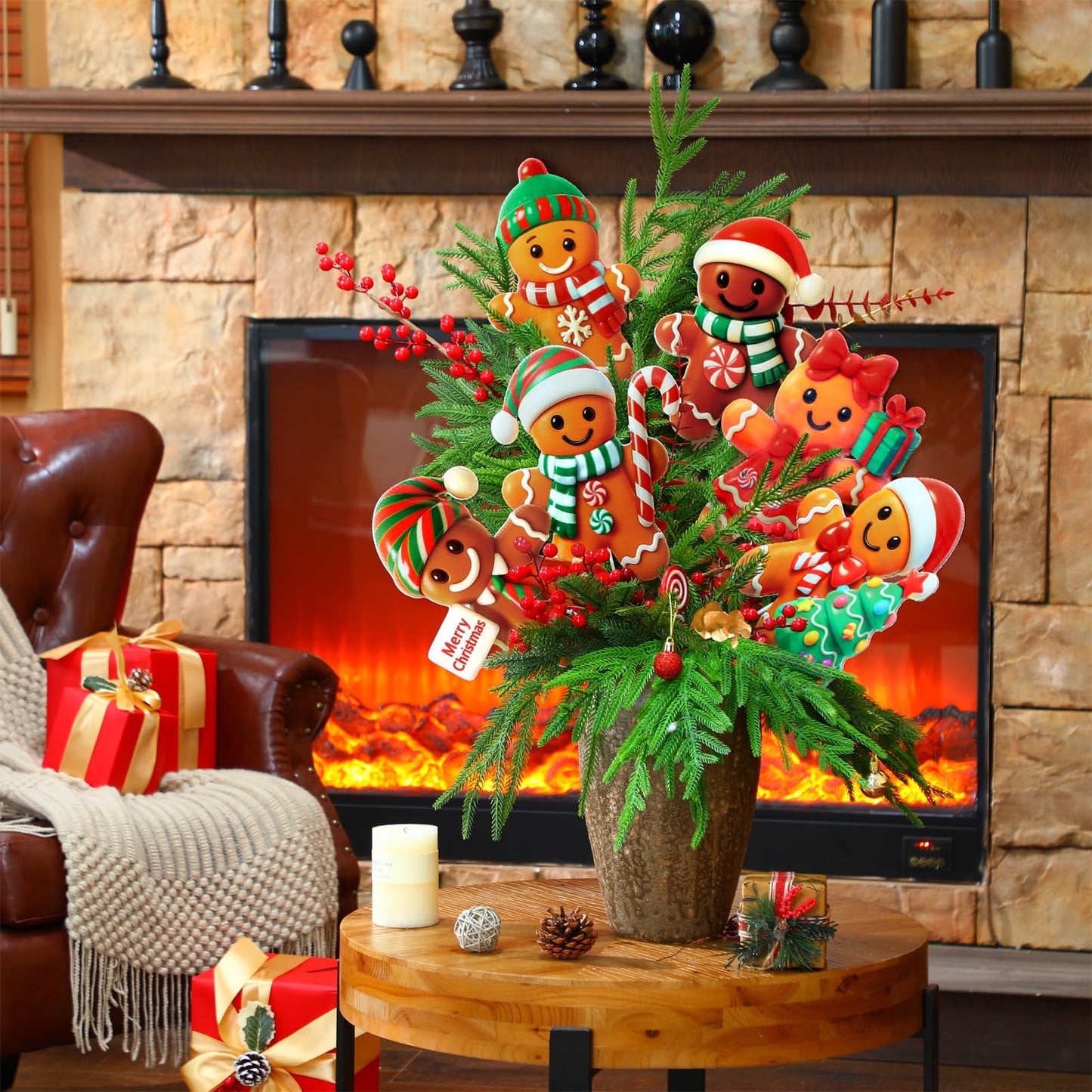 Giegxin 12pcs 10 x 8 Inches Gingerbread Man Christmas Tree Picks Gingerbread Christmas Decor with Sticks Cute Ornaments for Xmas Tree Topper Home School Office Garden Patio Winter Vase Holiday