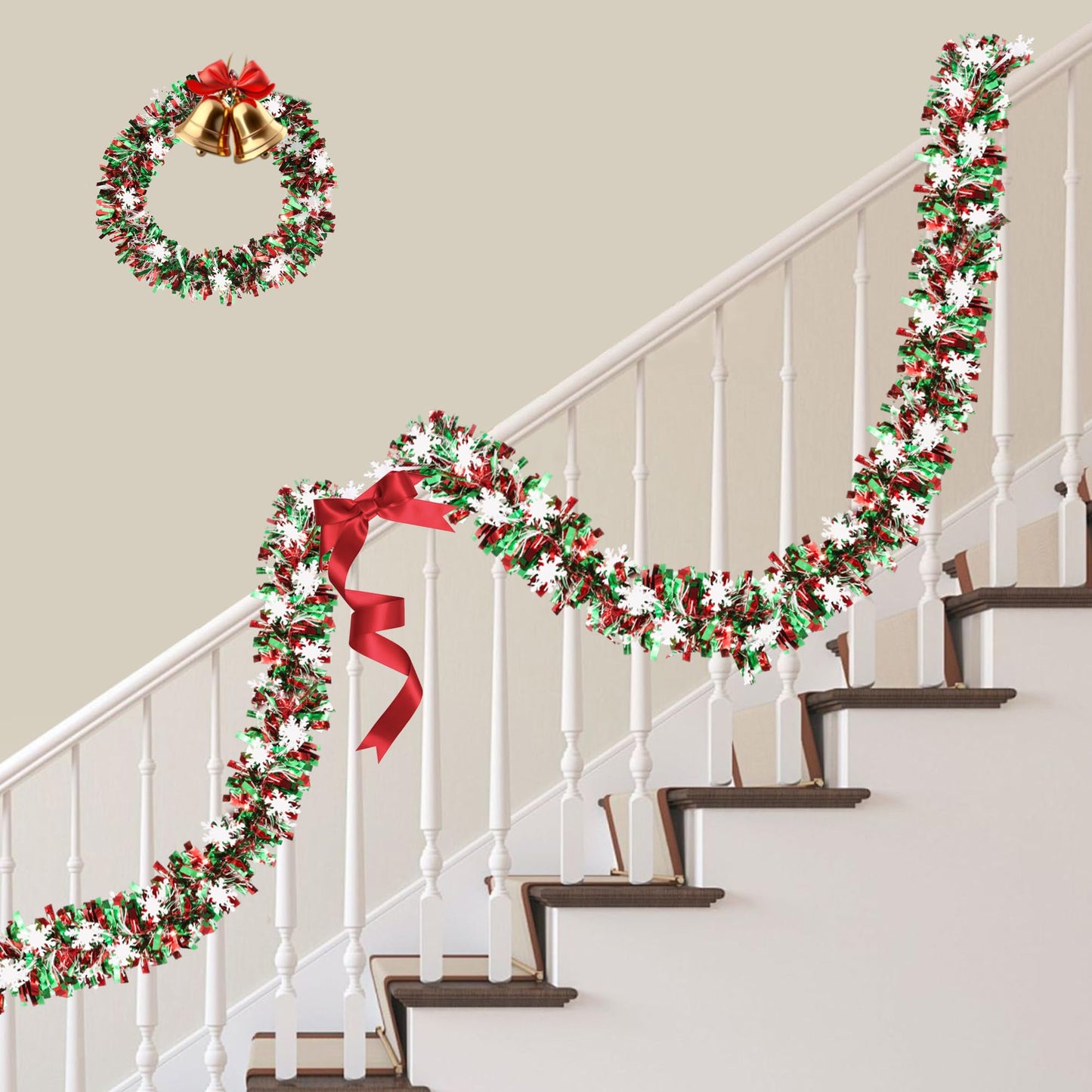 50FT Red Green White Christmas Tinsel Garland with Snowflake Ornaments Metallic Shiny Xmas Garland for Christmas Tree Decoration Holiday Hanging Garlands Indoor Outdoor Home Office Party Holiday Decor